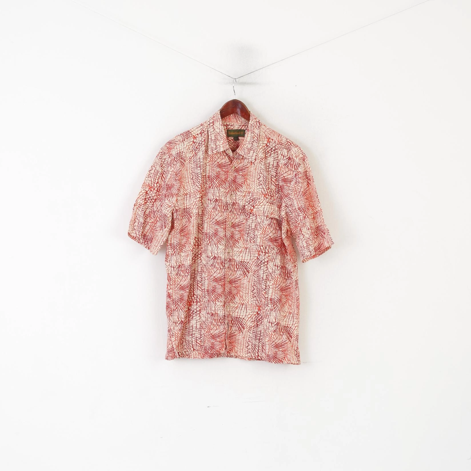 Floral Motif Timberland Men L Casual Shirt Orange Printed Cotton Outdoor Short Sleeve Top
