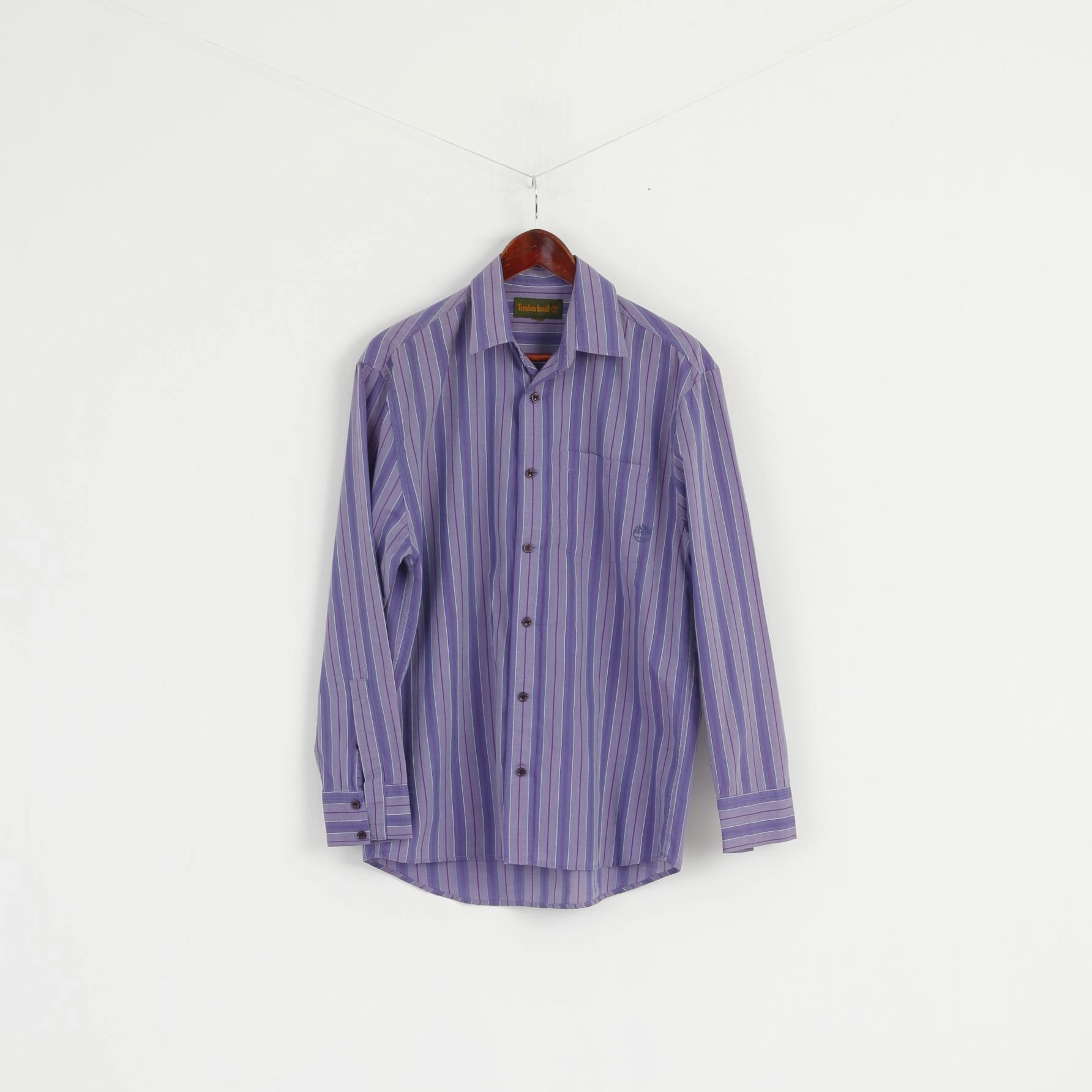 Timberland Men M Casual Shirt Purple Striped Cotton Long Sleeve Classic Top Non Restrictive Fit