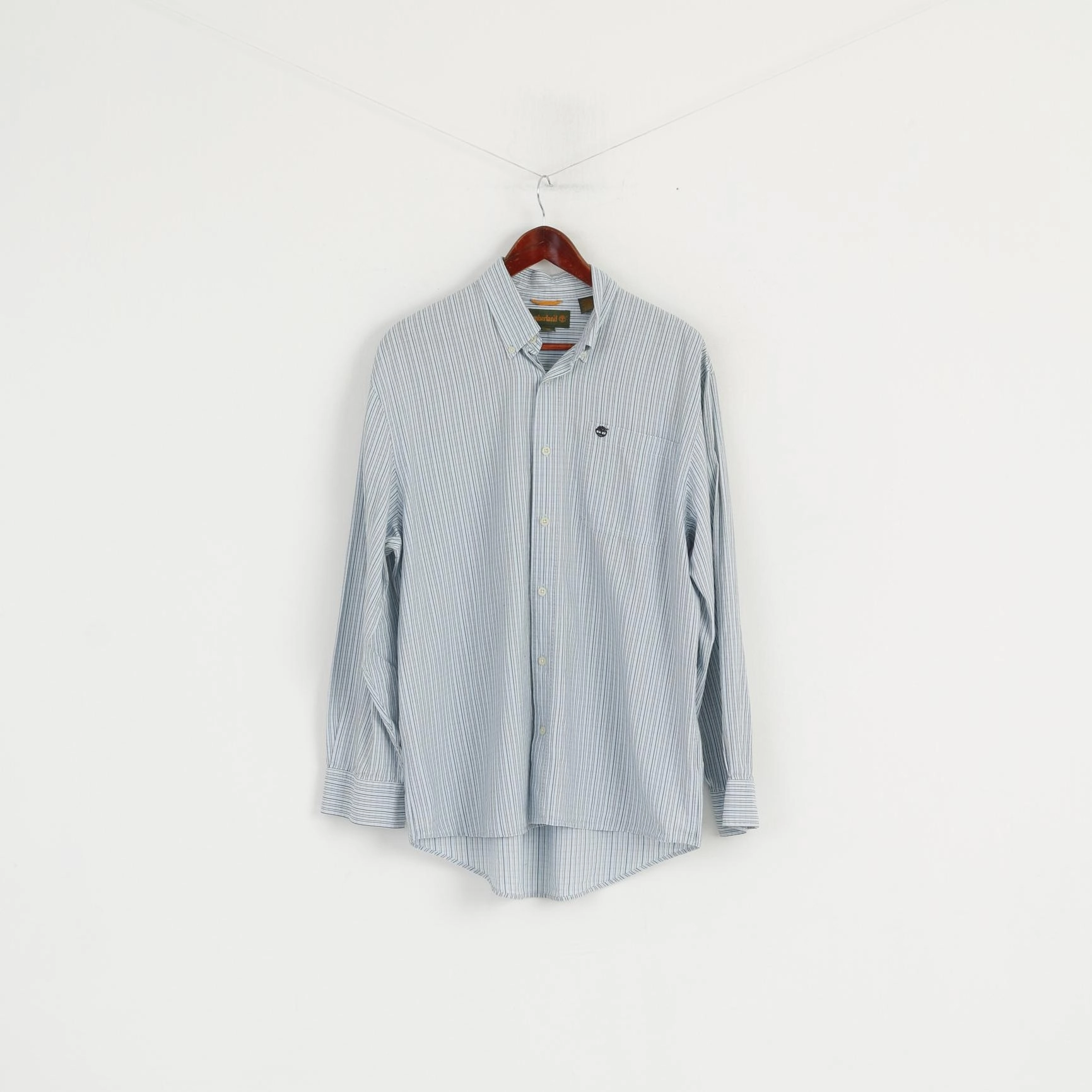 Patterned Design Adjustable Hem Timberland Men M (L) Casual Shirt Blue Striped Button Down Collar Long Sleeve Top