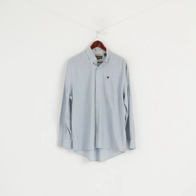 Patterned Design Adjustable Hem Timberland Men M (L) Casual Shirt Blue Striped Button Down Collar Long Sleeve Top