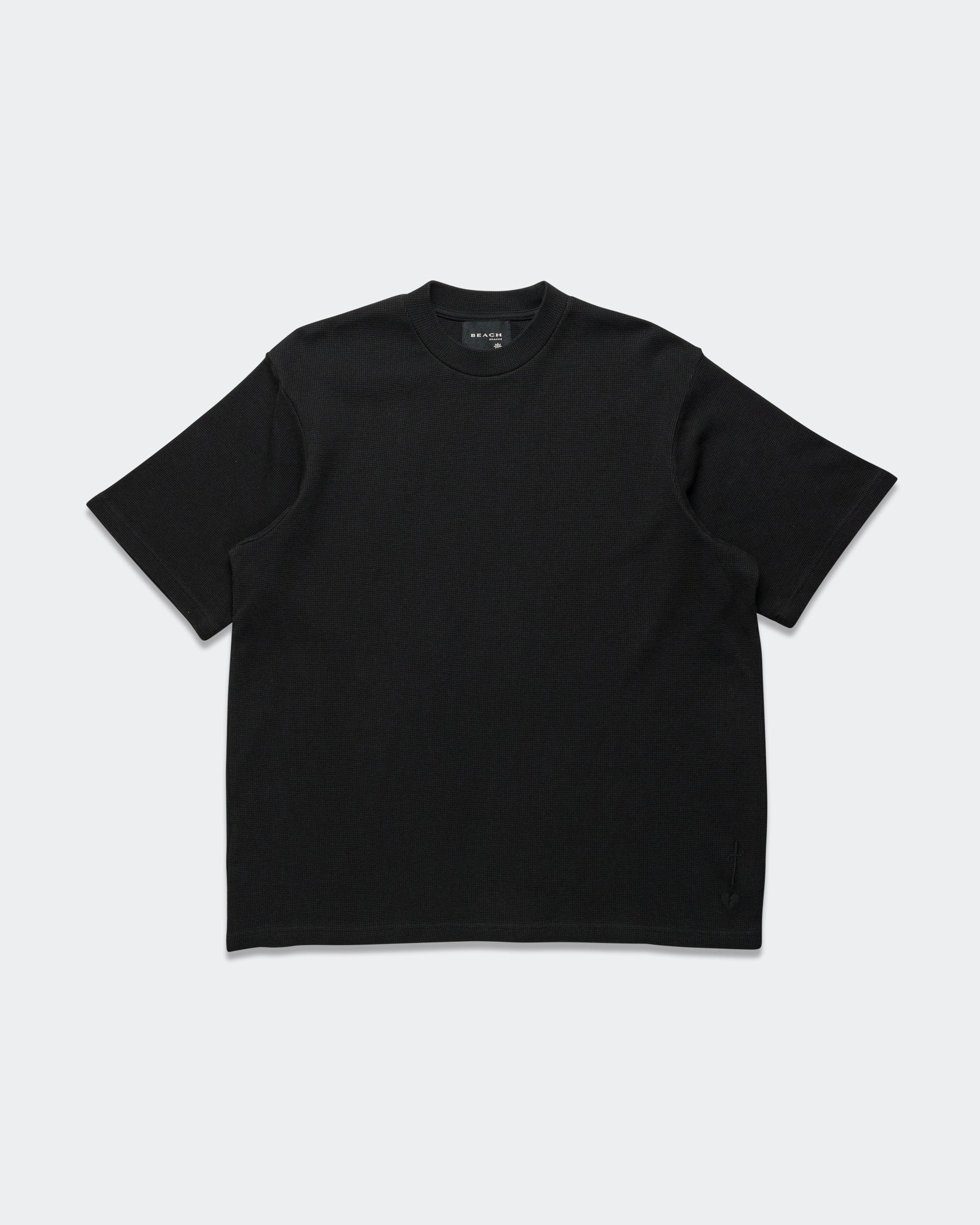 Waffle Boxy Tee - Black Ribbed Collar Design High-End Quality