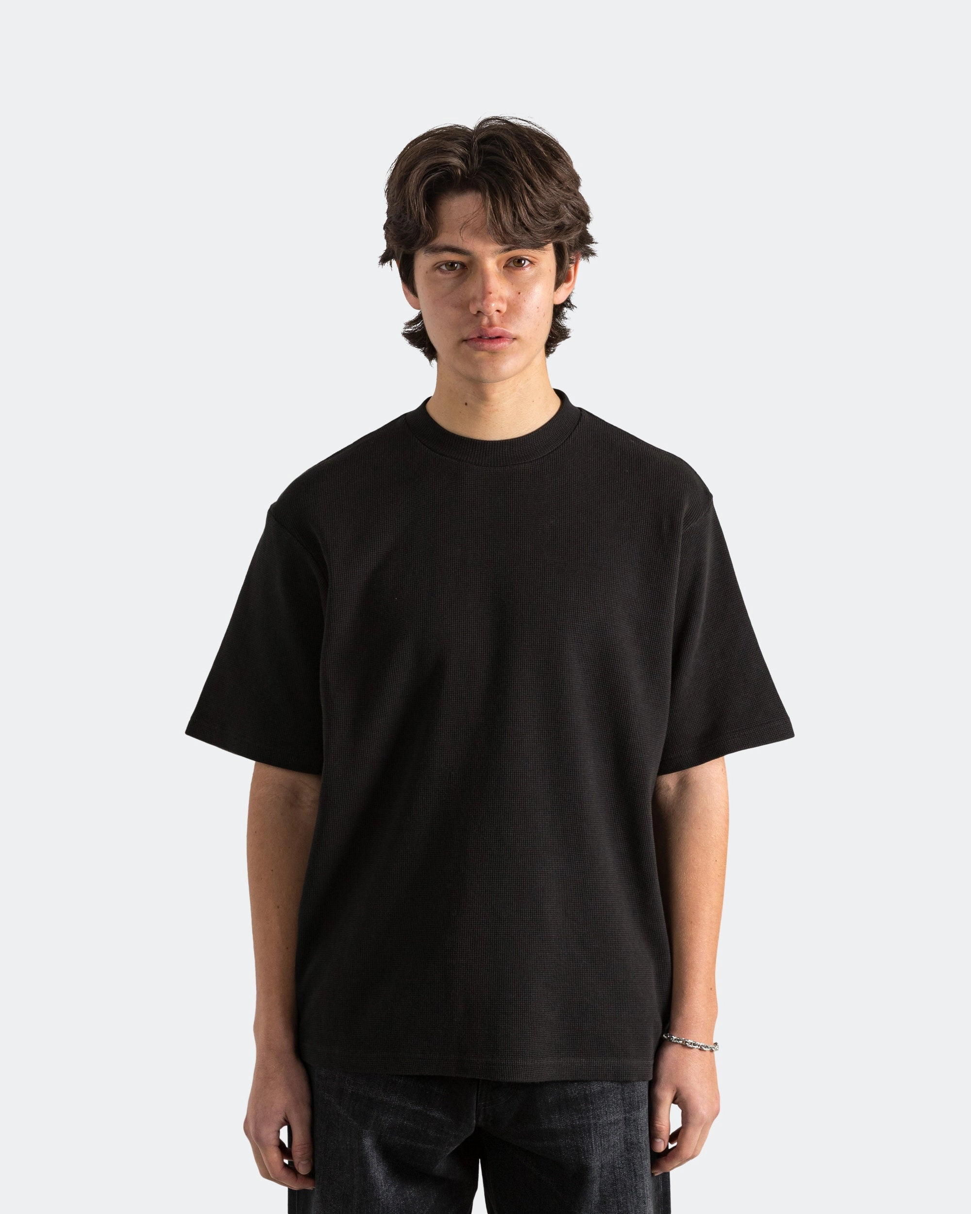 Durable Knit Structure Cozy Feeling Waffle Boxy Tee - Black