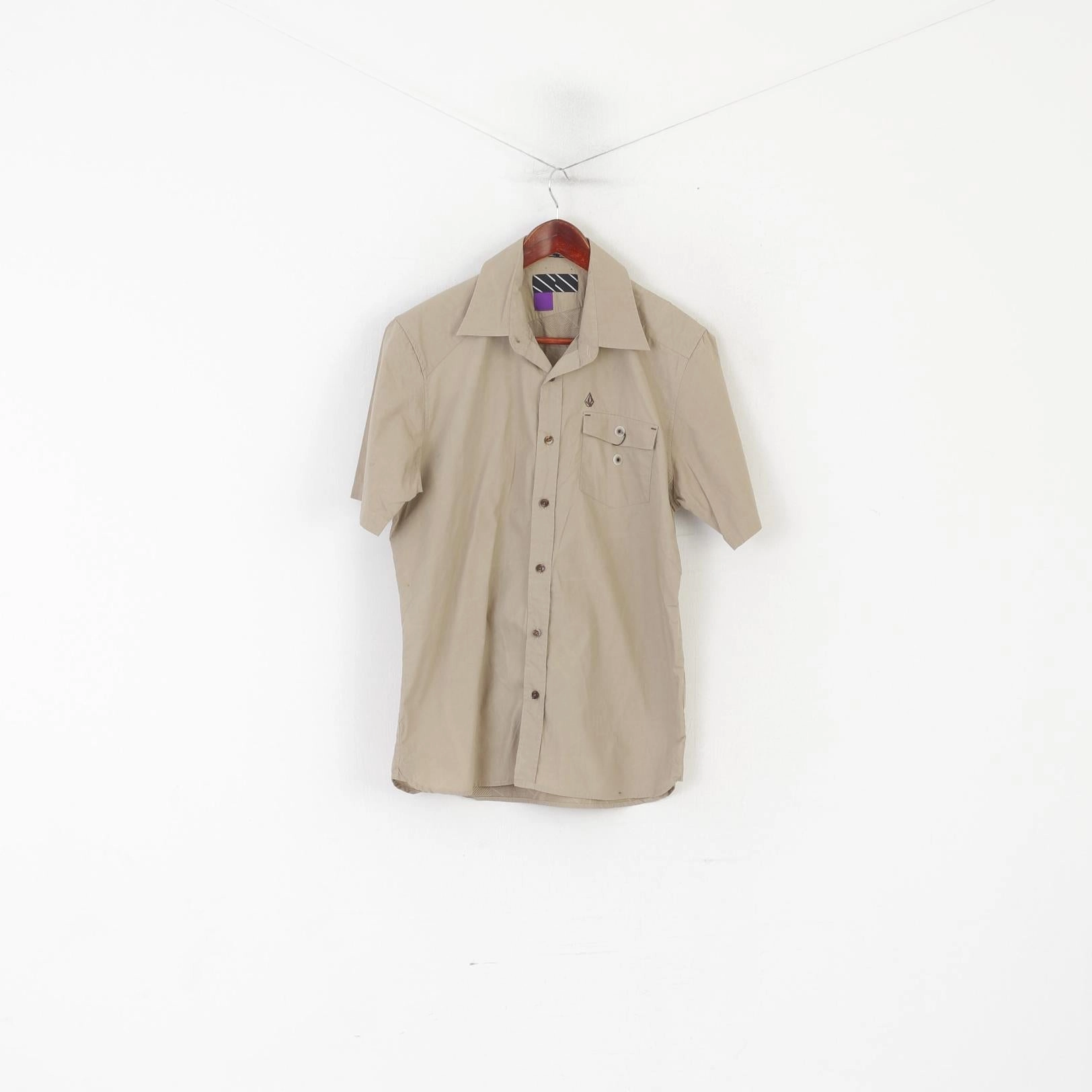 Soft Stretch Collar Sophisticated Elegance Volcom Men S Casual Shirt Beige Cotton Tailored Pocket Short Sleeve Outdoor Top