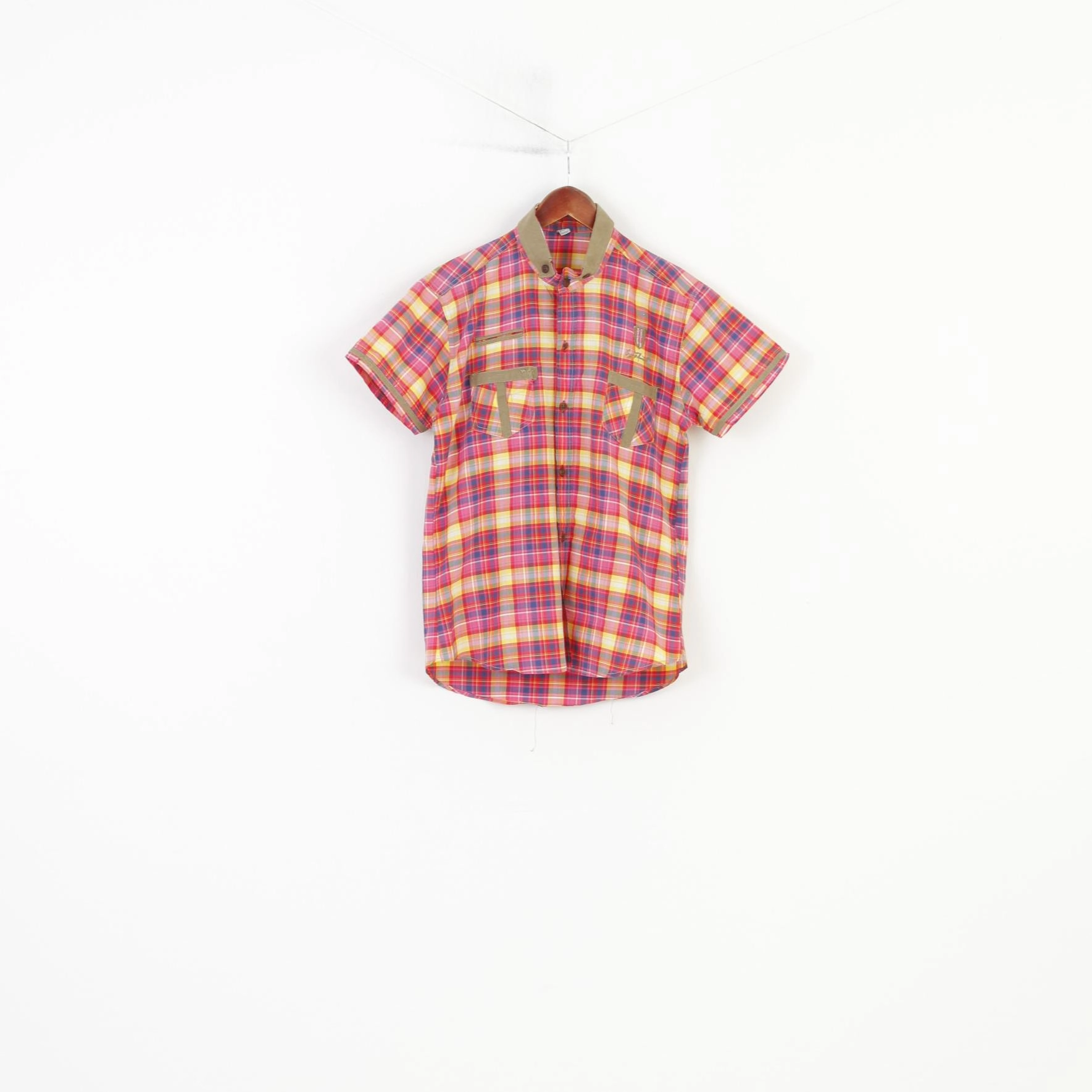 JR Men L S Casual Shirt Checkered Pink Cotton Pockets Stand-Up Collar Fit Short Sleeve Classic   Top Easy Care Material