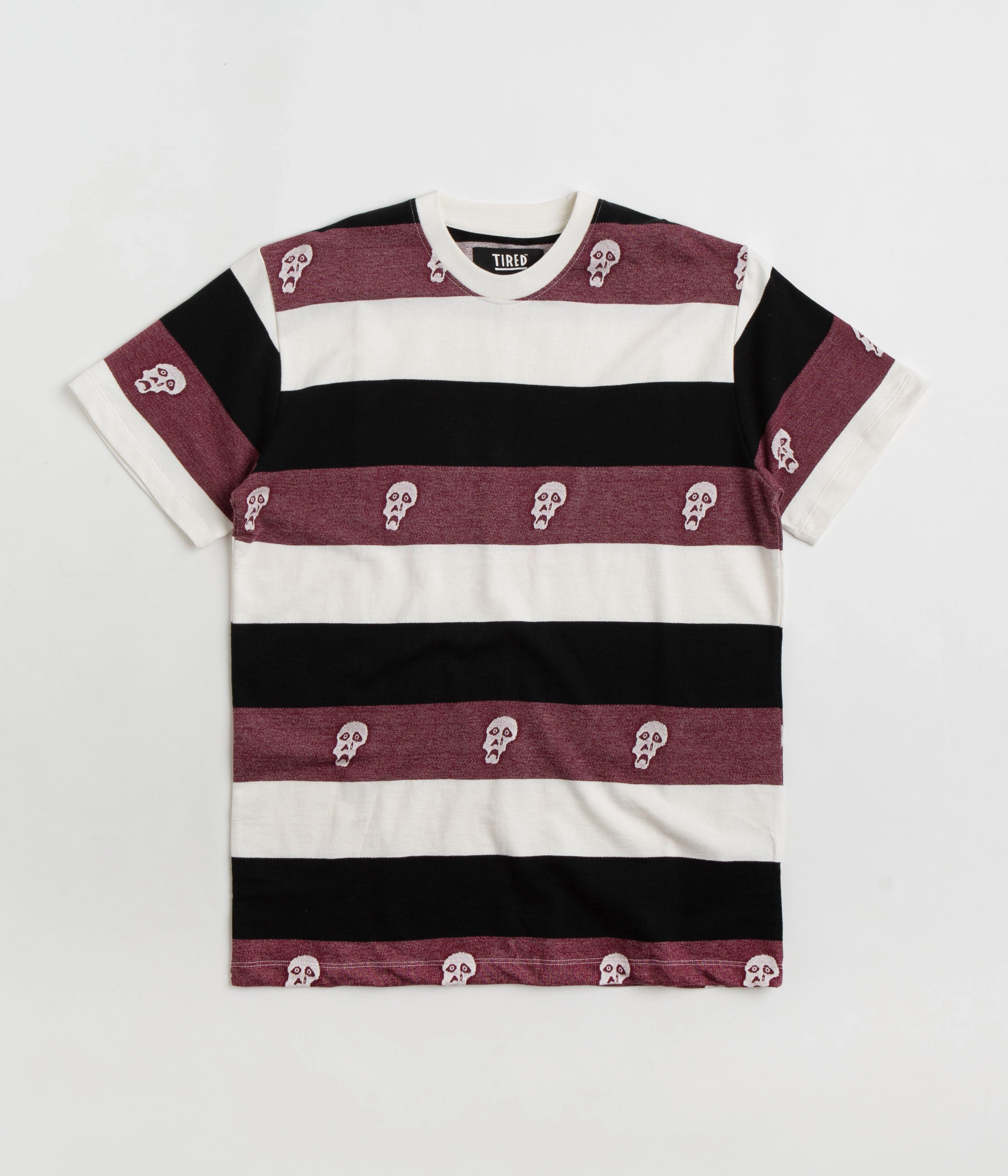 Tired Sad Skull Striped Jacquard T-Shirt - Burgundy Cool and casual Comfy Layer