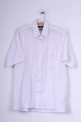 Tom Hagan Mens M 39/40 Casual Shirt White Check Short Sleeve Cotton Rich Summer Top All-Weather Ready Trendsetting Design