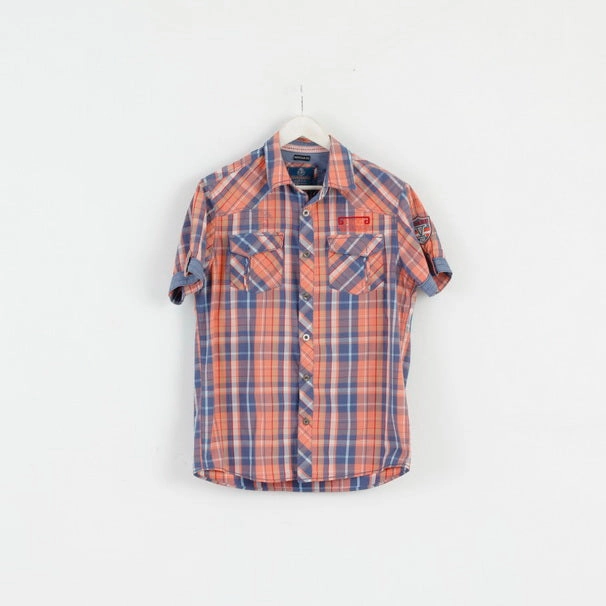 Tom Tompson Mens M Casual Shirt Blue Check Cotton Regular Fit Emroidered Back Top Soft Touch Fabric