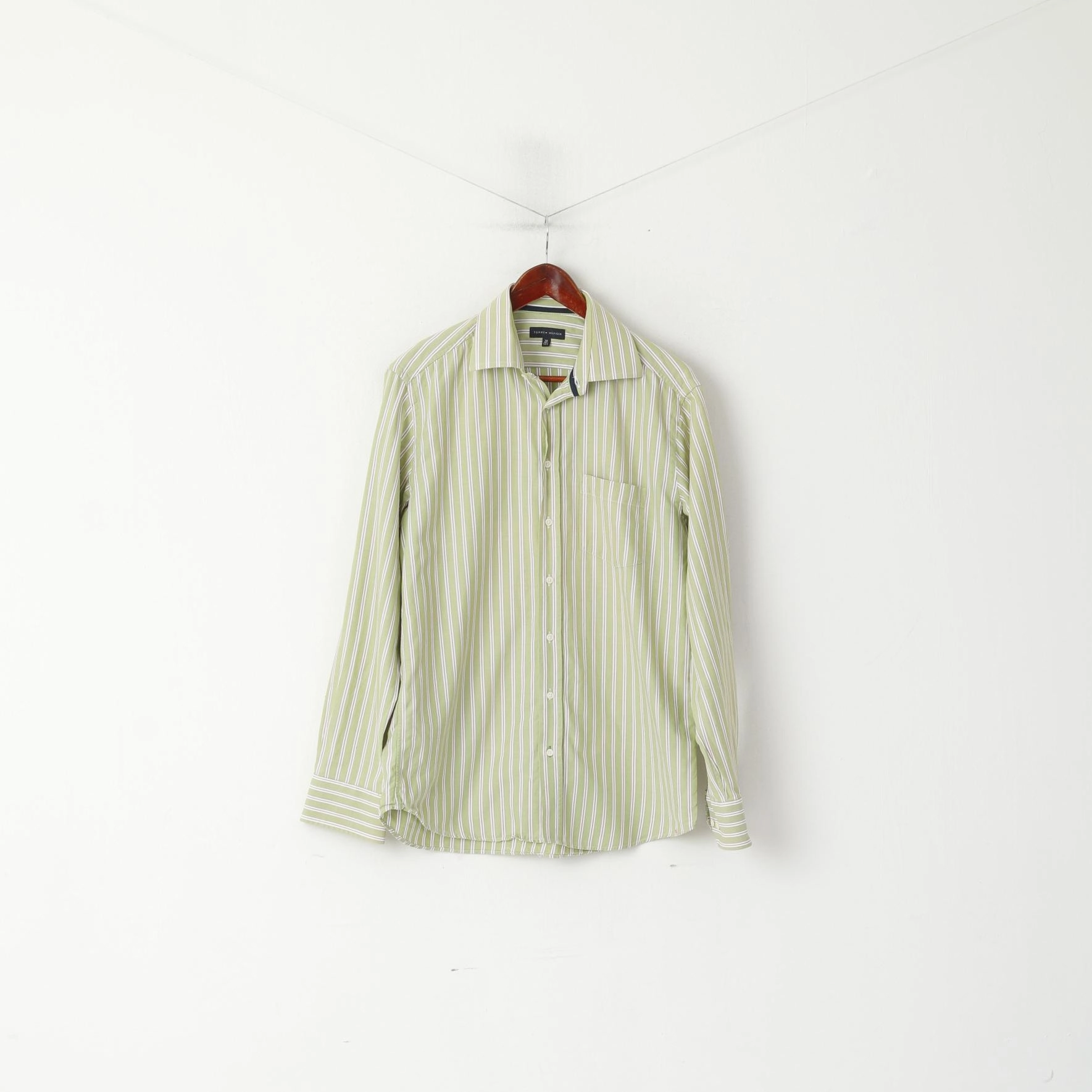 Sustainable Manufacturing Process Tommy Hilfiger Men 39 15.5 M Casual Shirt Green Striped Cotton Long Sleeve Top