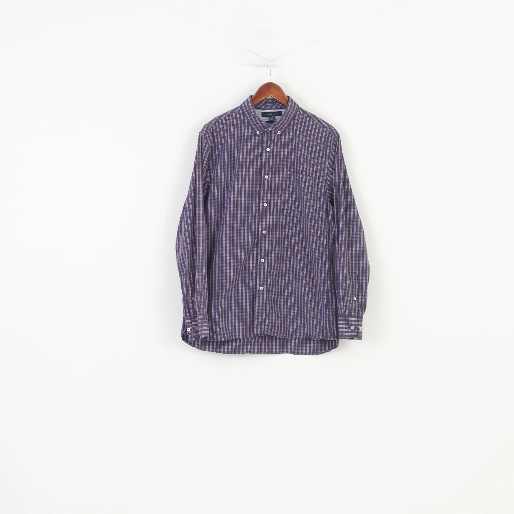 Brunch Outfit Tommy Hilfiger Men L 16.5 Casual Shirt Checkered Navy Long Sleeve Fit Cotton Classic Top