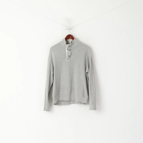 Tommy Hilfiger Men L Sweatshirt Gray Cotton Zip Neck Striped Stretch Plain Top product solo confidence