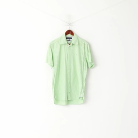Tommy Hilfiger Men M Casual Shirt Green Cotton Striped Short Sleeve Top Classic Look Unstructured Shoulder