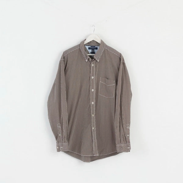 Reinforced Shoulders Cooling Mesh Lining Tommy Hilfiger Mens XL (2XL) Casual Shirt Brown Striped 80' Two Ply Cotton Long Sleeve Top