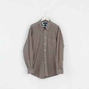 Reinforced Shoulders Cooling Mesh Lining Tommy Hilfiger Mens XL (2XL) Casual Shirt Brown Striped 80' Two Ply Cotton Long Sleeve Top