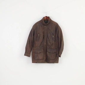 Sombrero Trapper Men 52 L Leather Jacket Vintage  Brown Full Zipper Collar Pockets Top