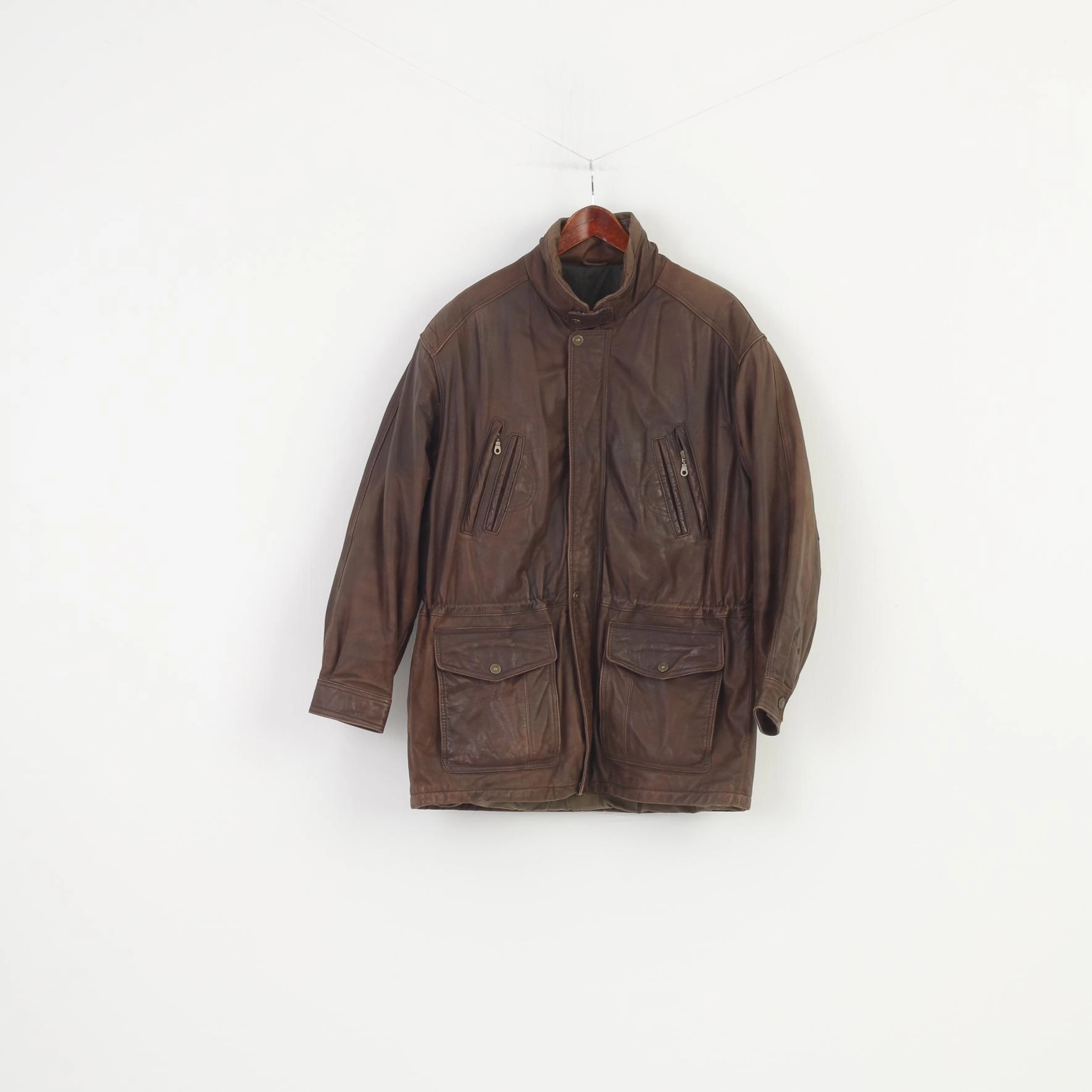 Sombrero Trapper Men 52 L Leather Jacket Vintage  Brown Full Zipper Collar Pockets Top