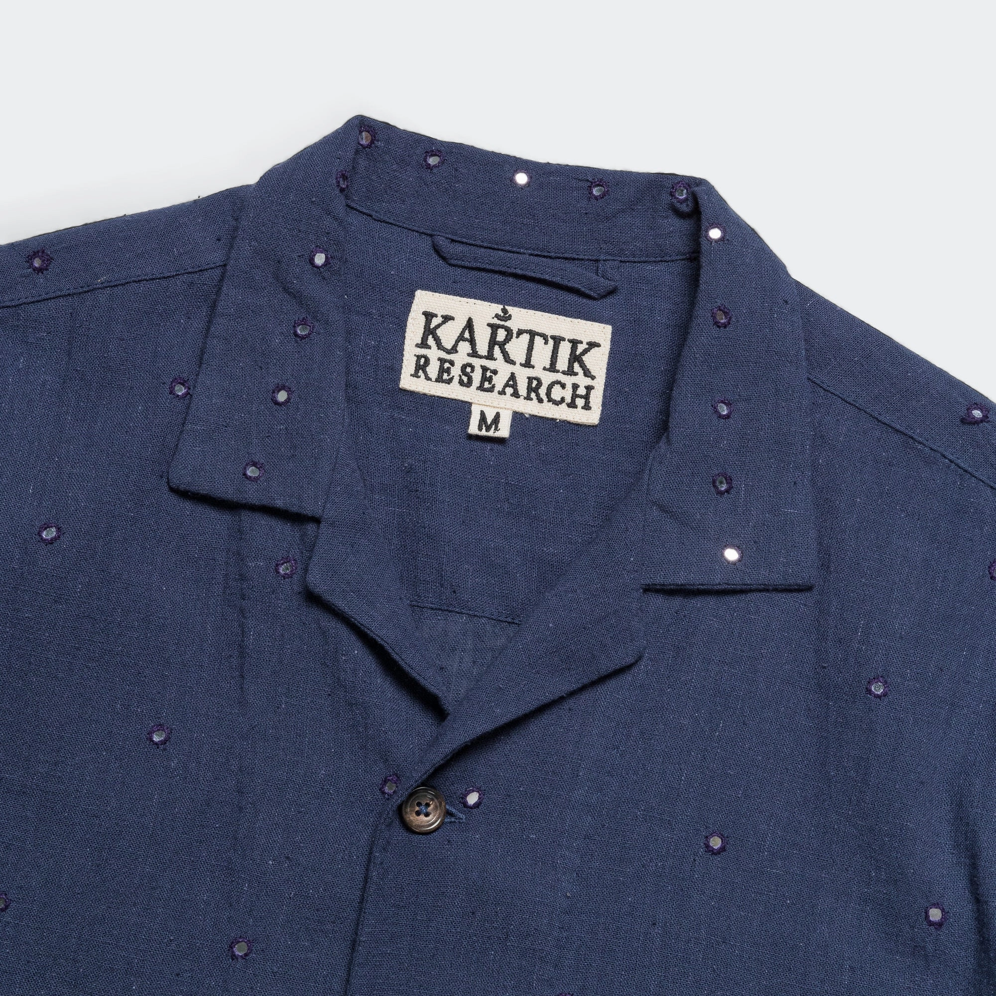 Trendy Pattern Camp Shirt Mirror Hand Embroidery - Navy