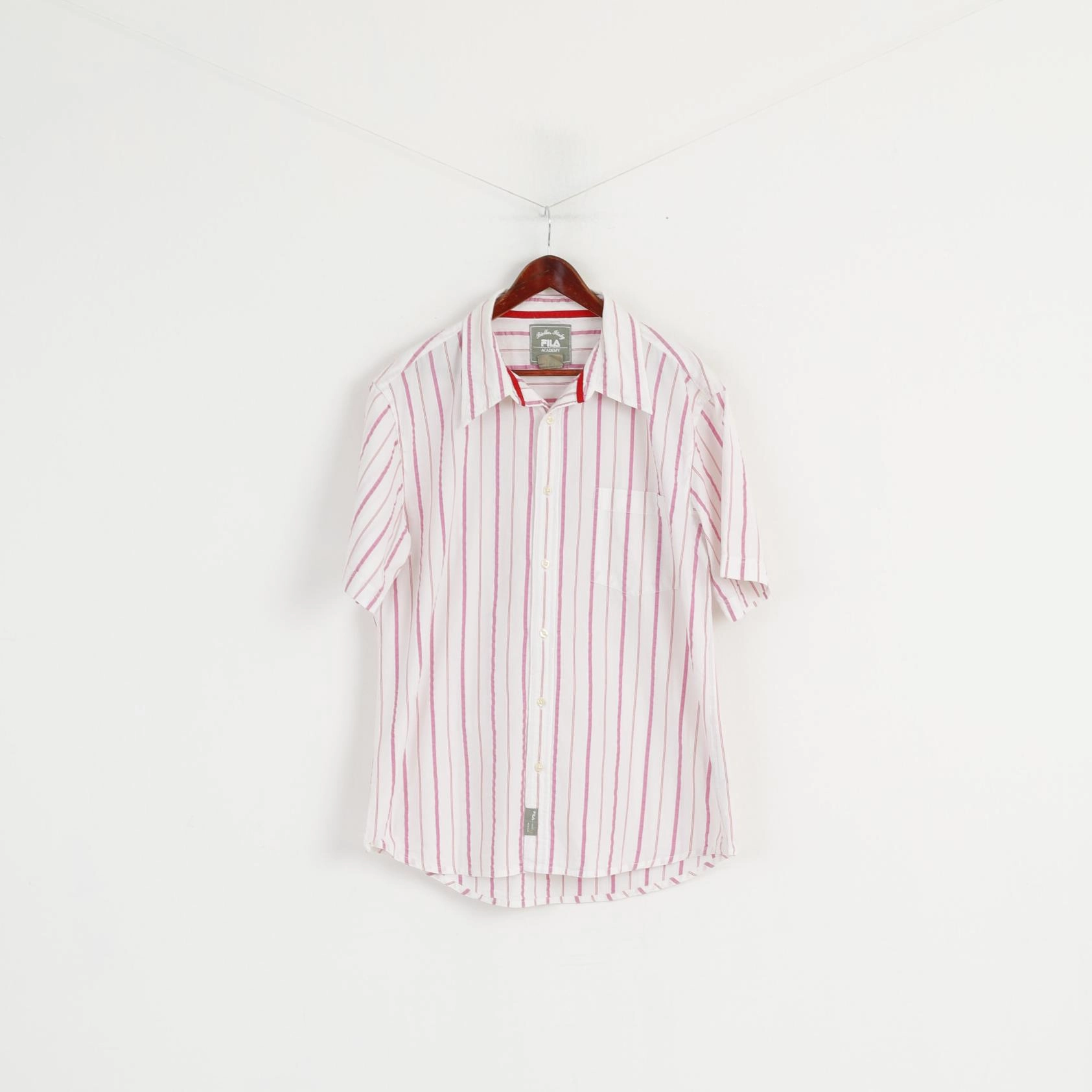 Fila Academy Men XL Casual Shirt White Pink Striped Biella Italy Cotton Top Plus Size Fit