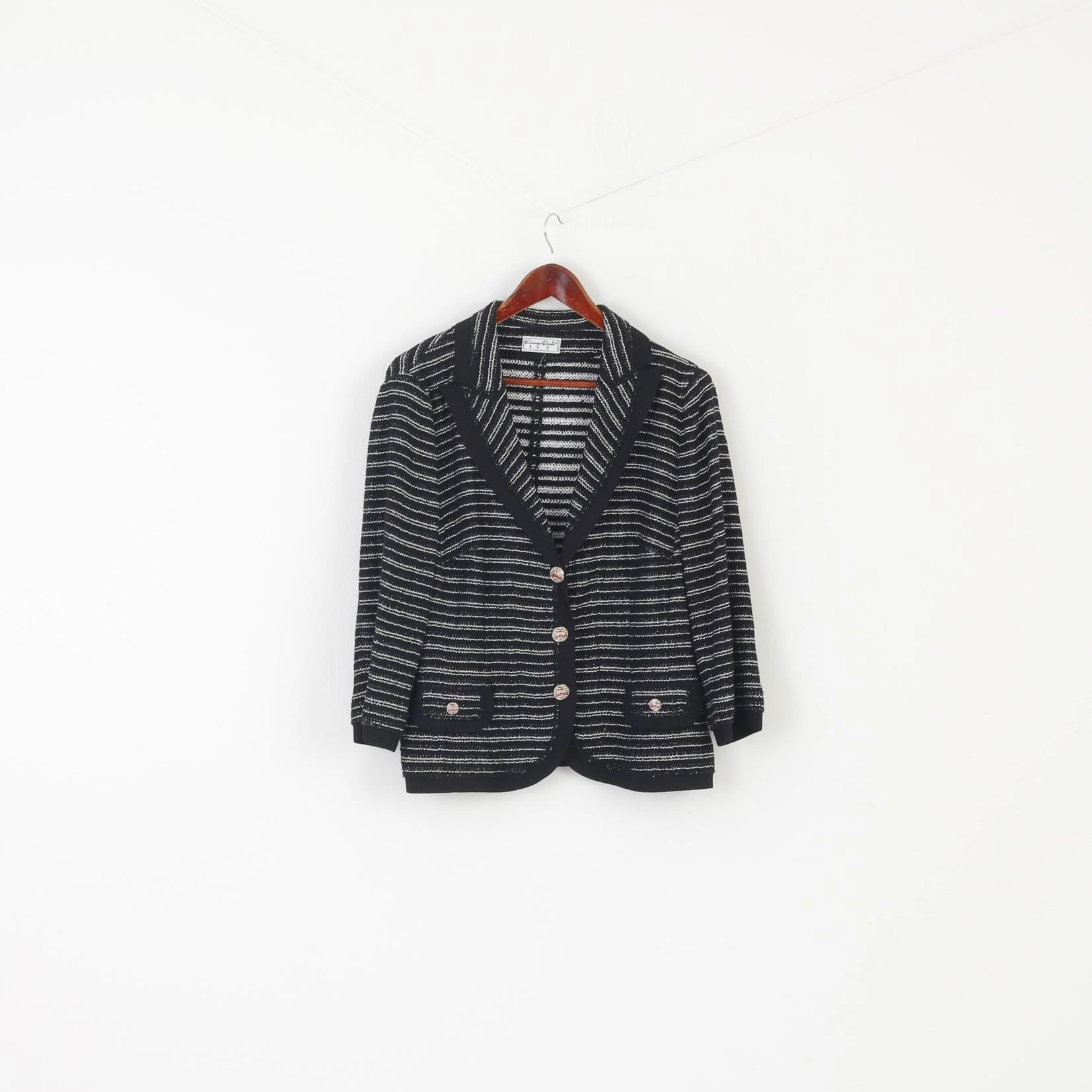 Long Sleeve All-Purpose Wear Giorgio Grati Women 52 XL Cardigan Black Striped Yacht Silver Buttons Italy Sweater