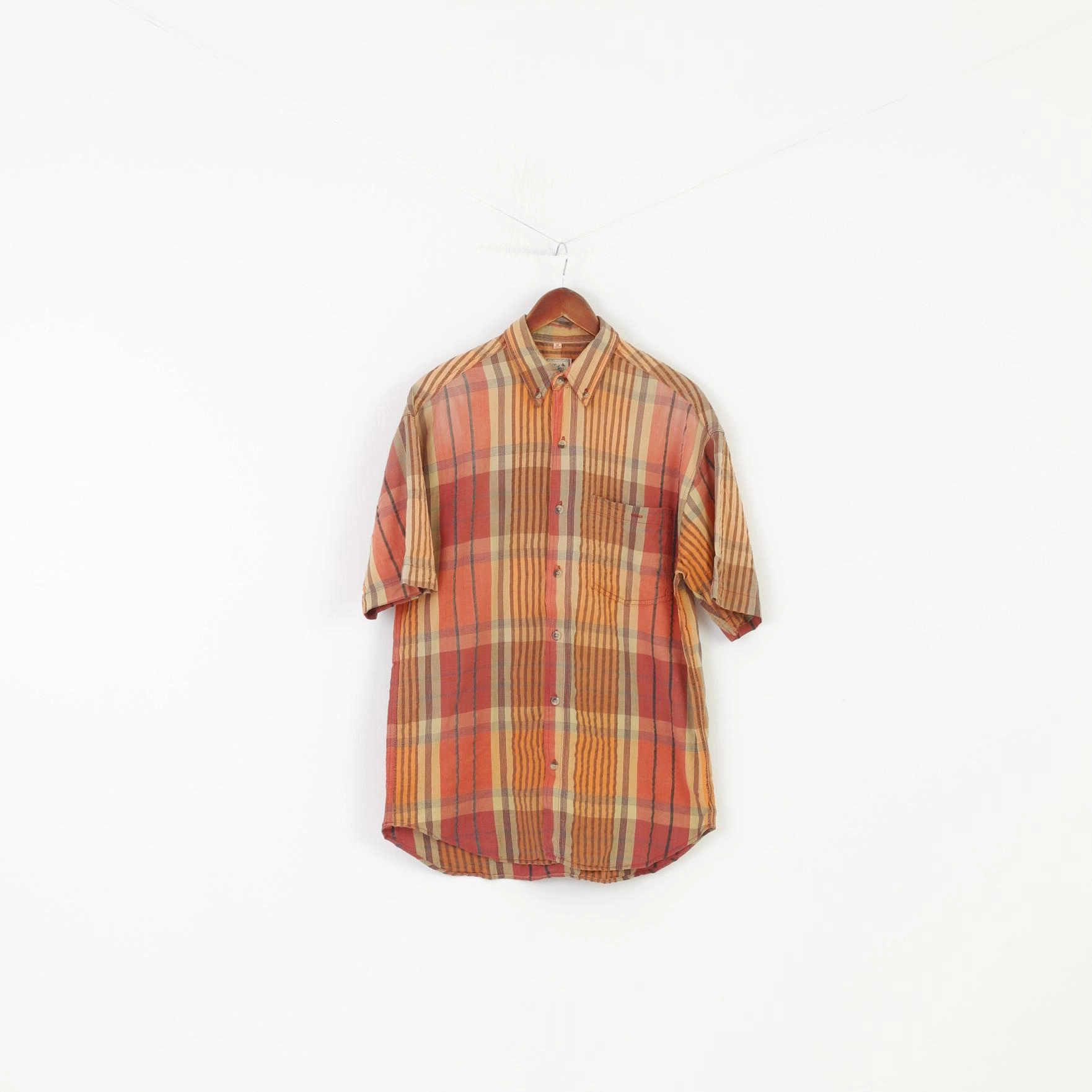 Lightweight Construction Vibrant Hue C&A Men M Casual Shirt Orange Checkered Vintage Short Sleeve Cotton Collar Top
