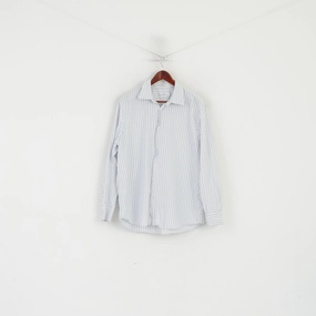 Calvin Klein Men L Casual Shirt White Blue Striped Cotton Long Sleeve Top Graduation Attire Classic Design