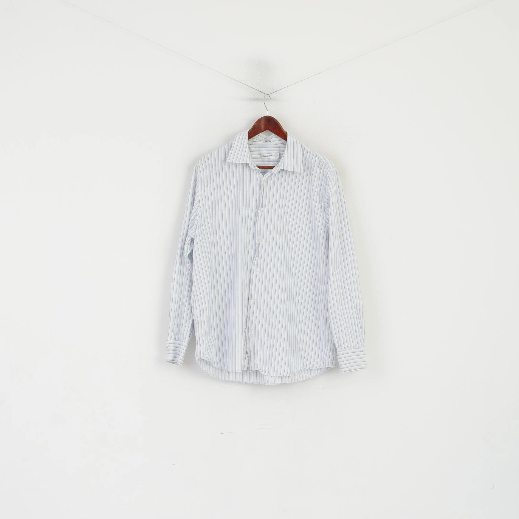 Calvin Klein Men L Casual Shirt White Blue Striped Cotton Long Sleeve Top Graduation Attire Classic Design