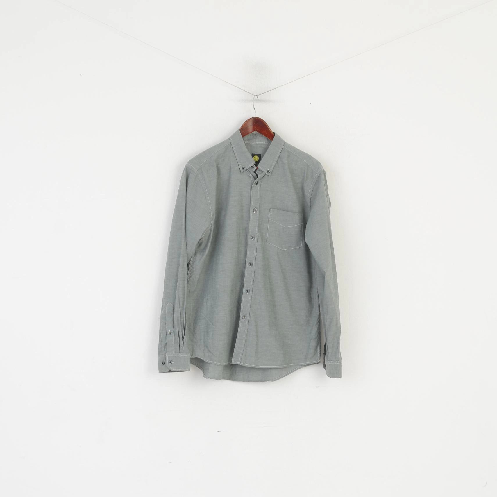 Holiday Style Pretty Green Men L Casual Shirt Gray Cotton Pocket Slim Fit Thin Material Long Sleeve Top