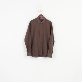 Gazoil Collection Men L Casual Shirt Brown Micro Checkered Long Sleeve  Cotton Classic Vintage Top Summer Must-have Multi Functional Pockets