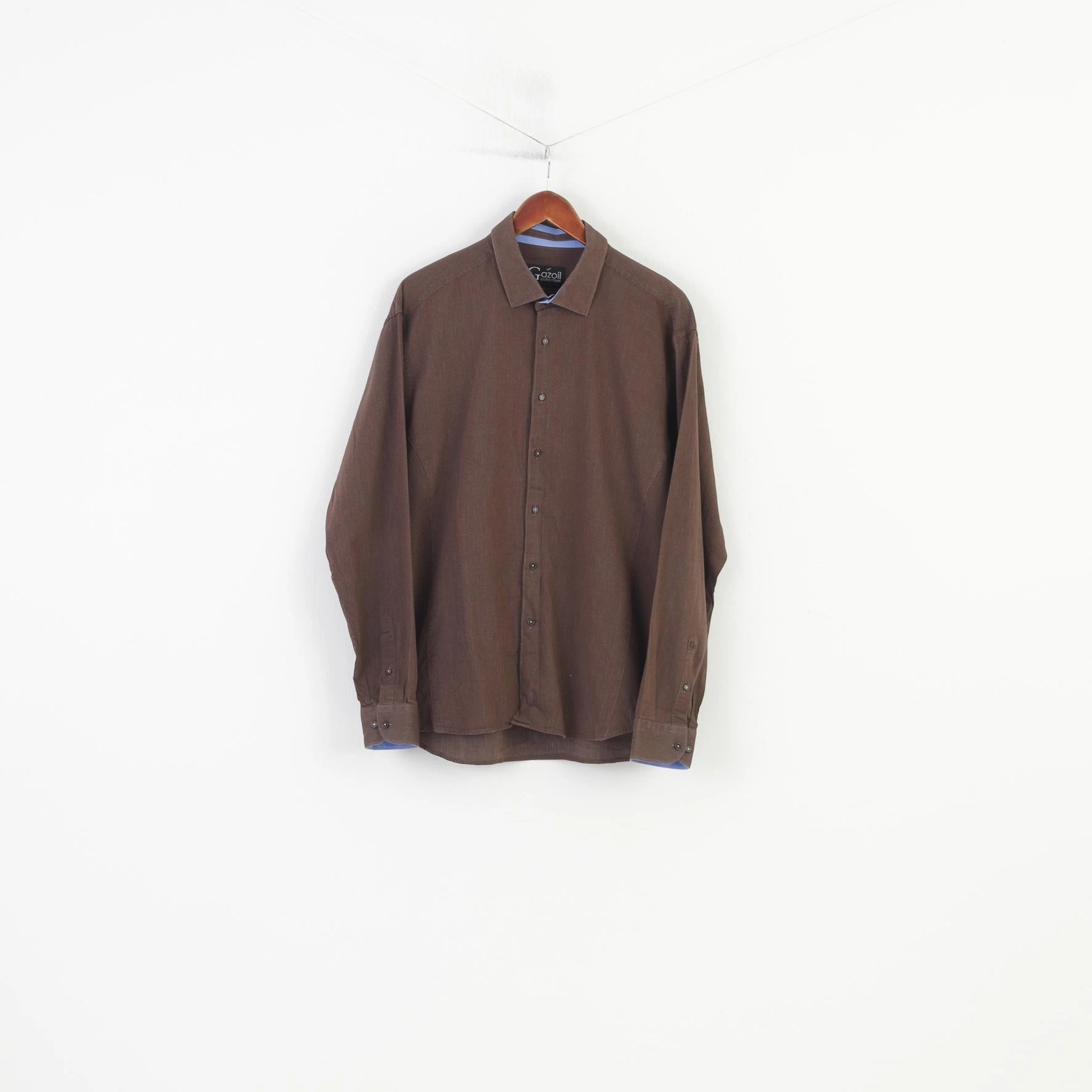 Gazoil Collection Men L Casual Shirt Brown Micro Checkered Long Sleeve  Cotton Classic Vintage Top Summer Must-have Multi Functional Pockets