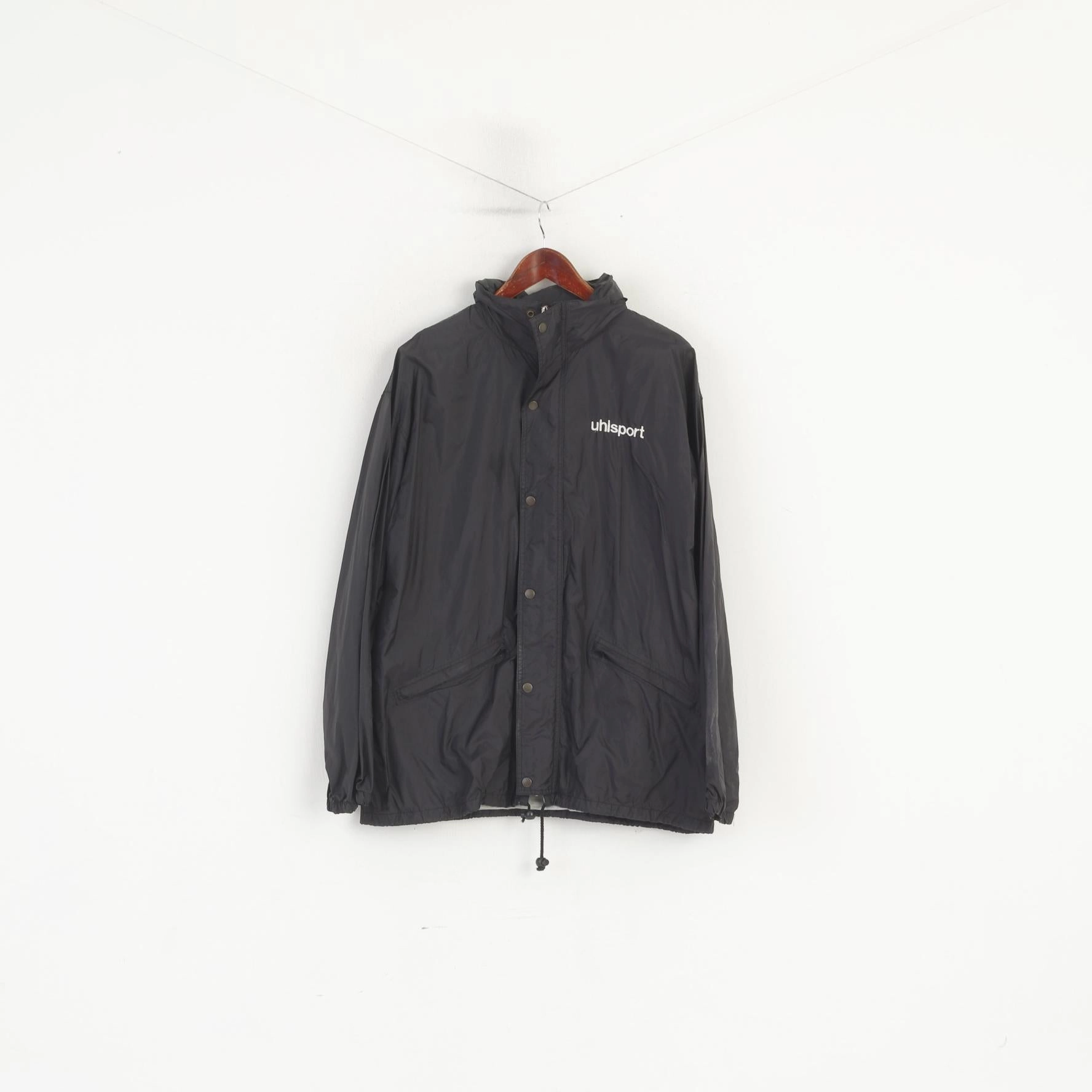 Uhlsport Men 54 L Jacket Black Vintage Nylon Waterproof Hidden Hood Sport Top MultiPocketDesign