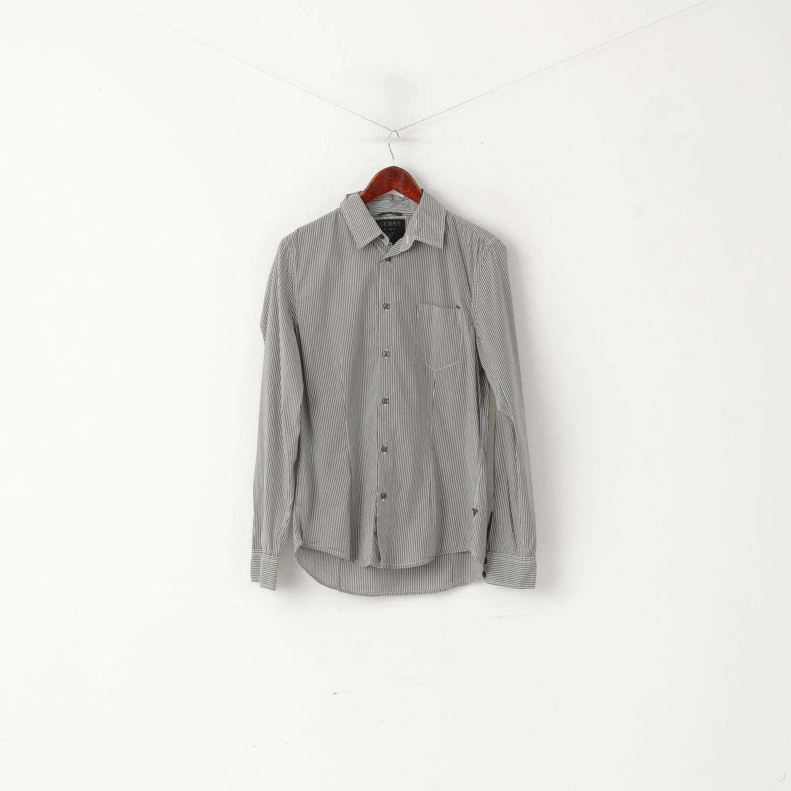 EasyCare Fabric Autumn Look Guess Men M Casual Shirt Gray Striped Cotton Stretch Long Sleeve Pocket Top