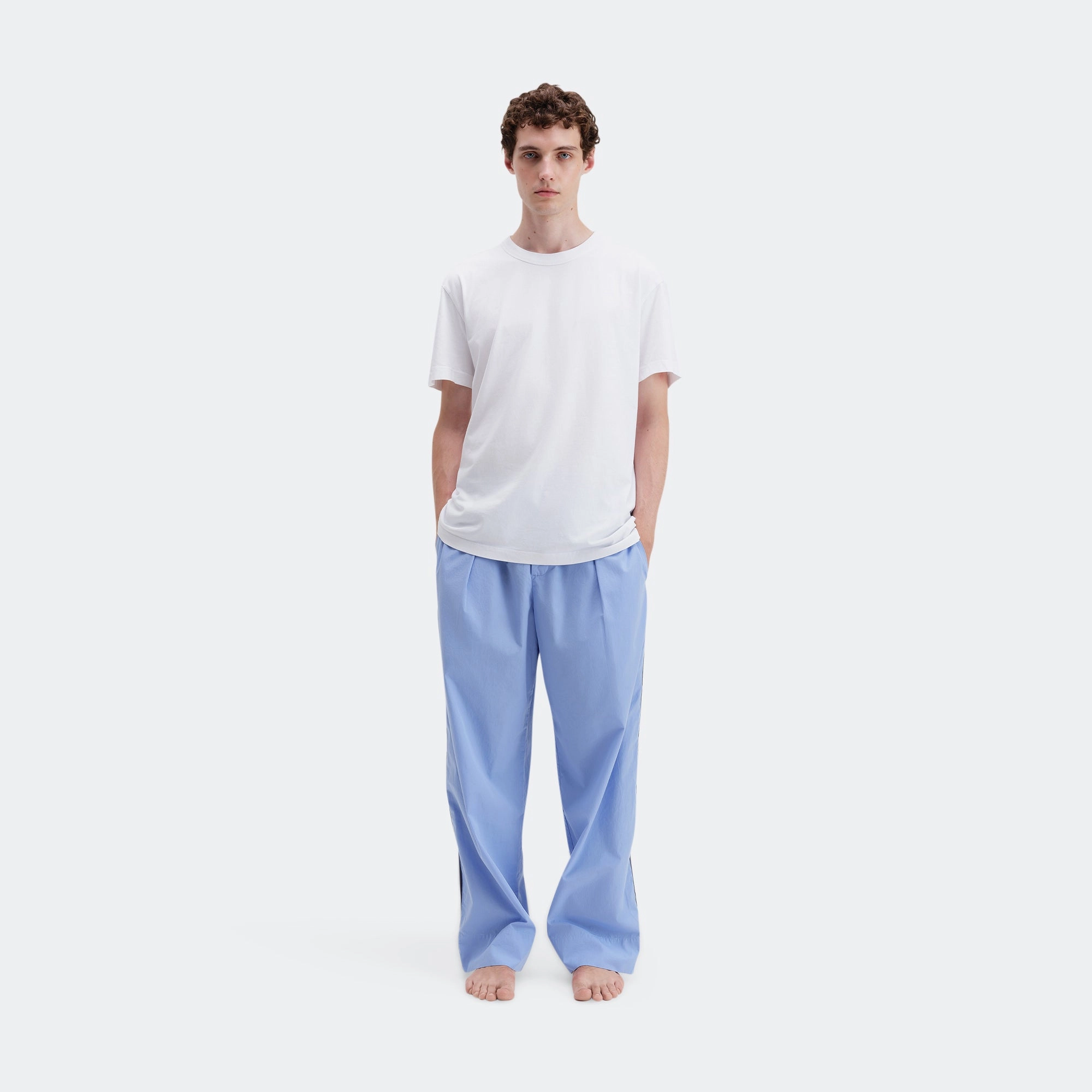 Pyjama Pants Grosgrain Side Stripe - Cornflower Blue Cotton Poplin Timeless Layers Comfort Style