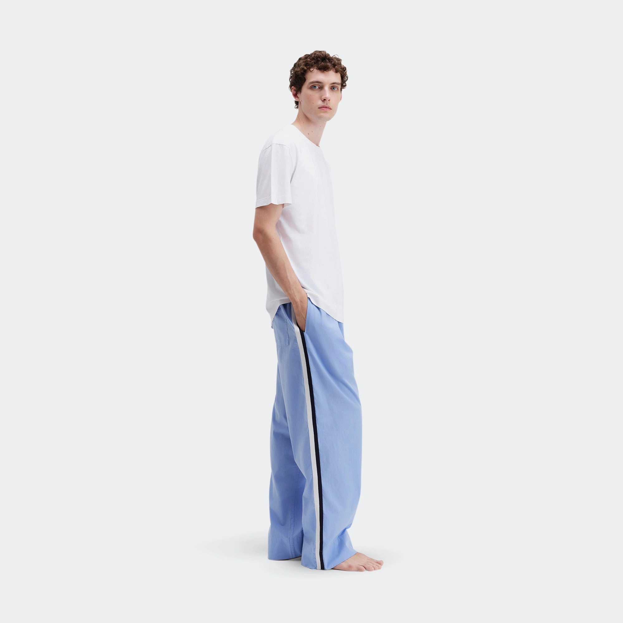 Versatile Waist Ripstop Fabric Technology Pyjama Pants Grosgrain Side Stripe - Cornflower Blue Cotton Poplin