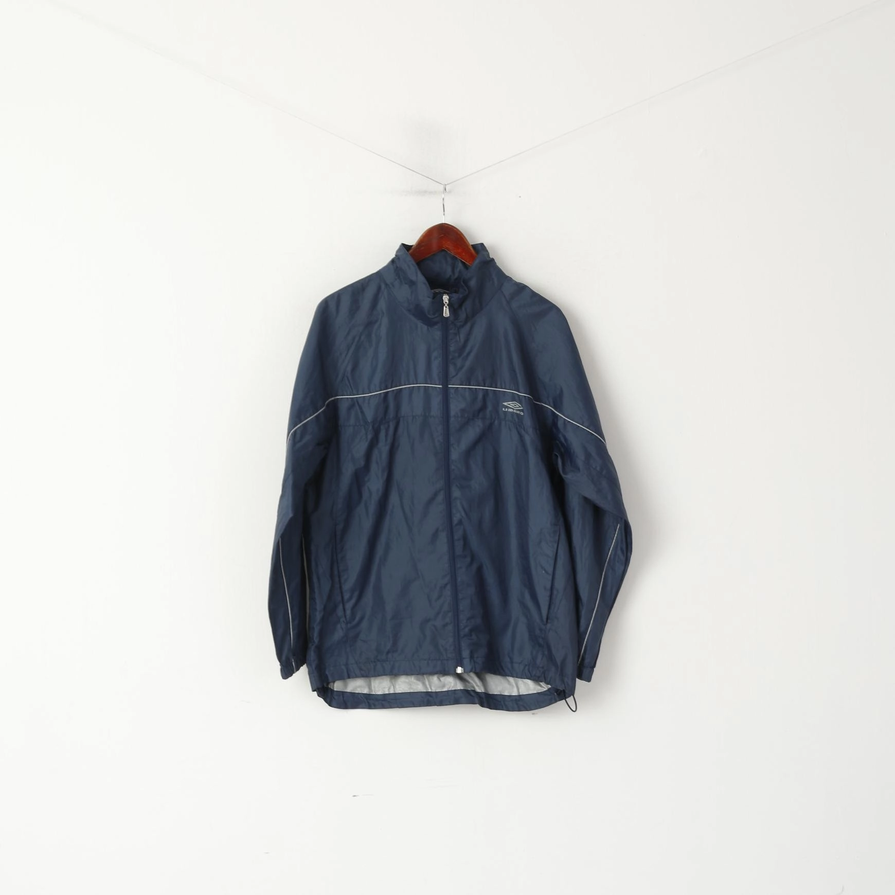 Umbro Men S Jacket Navy Full Zipper Sportswear Hidden Hood Lightweight Top Symbol Patch