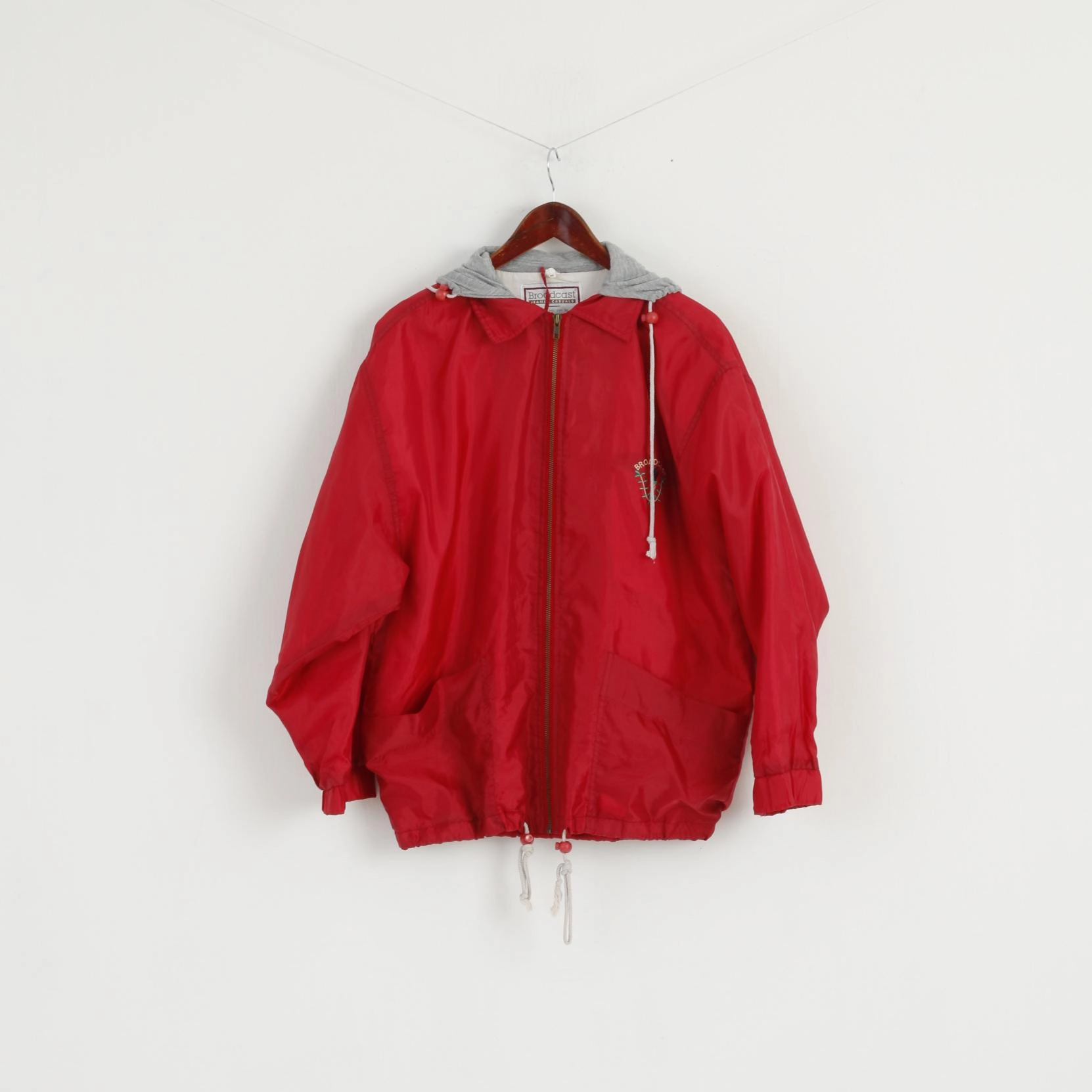 full-zip Cozy Interior Broadcast Men 46 L Jacket Red Vintage Nylon Waterproof Nylon Full Zipper Hoooded Top
