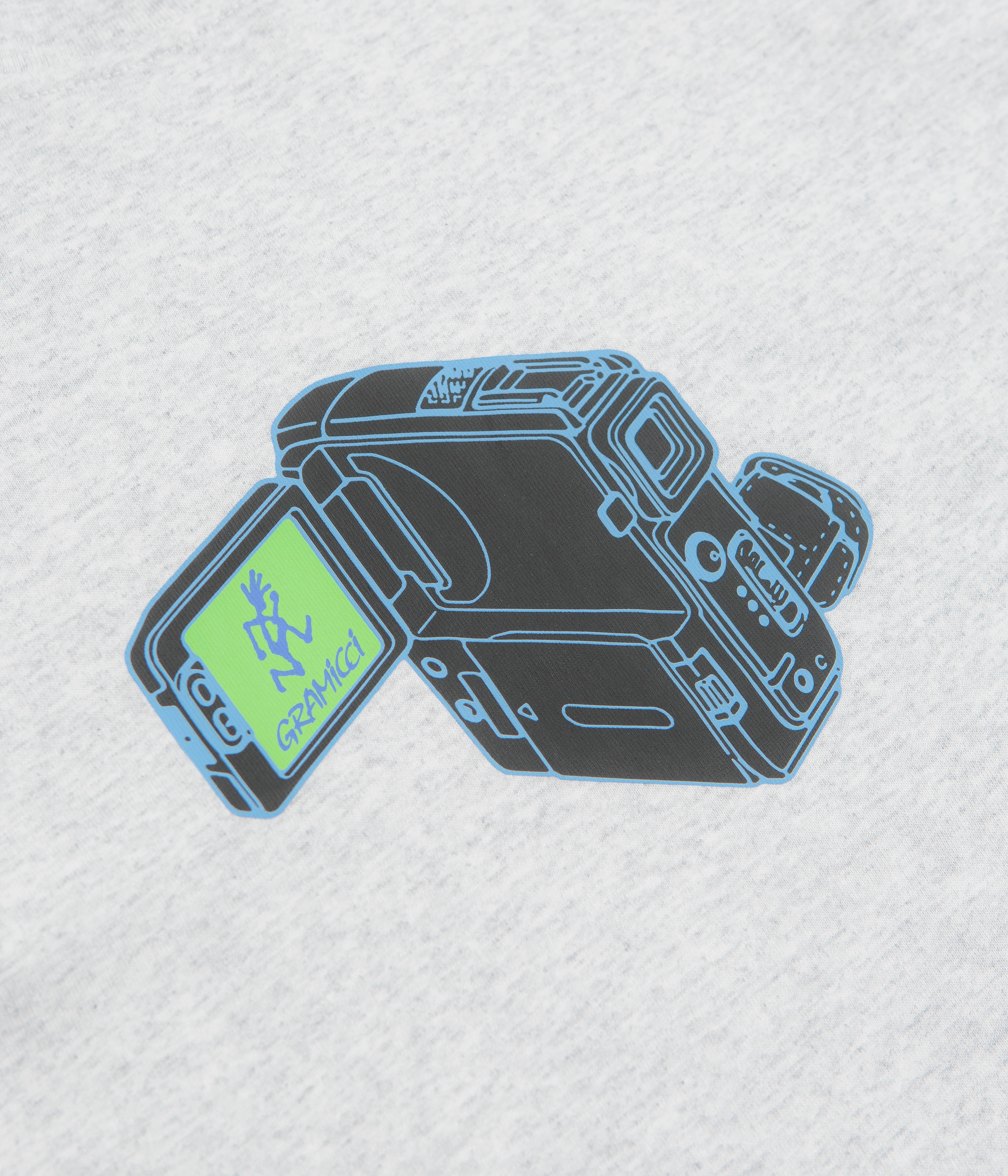 Gramicci Camcorder T-Shirt - Heather Ash print design