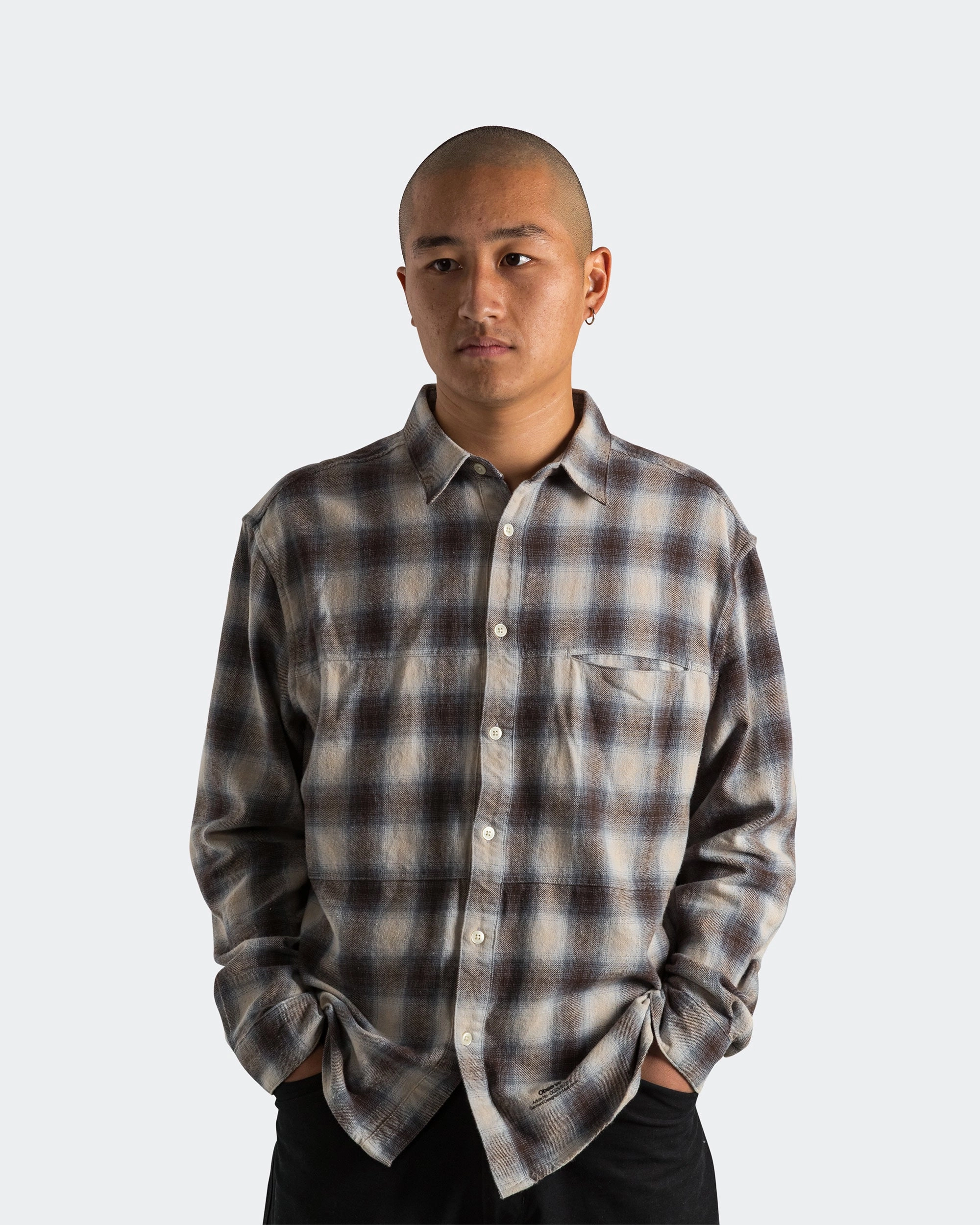 Plaid Panel Flannel Shirt - Beige Blue Double Stitched Seams Petite Cut