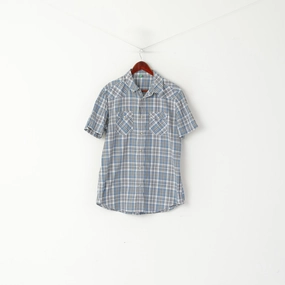 United Colors Of Benetton Men XL (L) Casual Shirt Blue Cotton Checkered Snap Pocket Top Minimalist Style