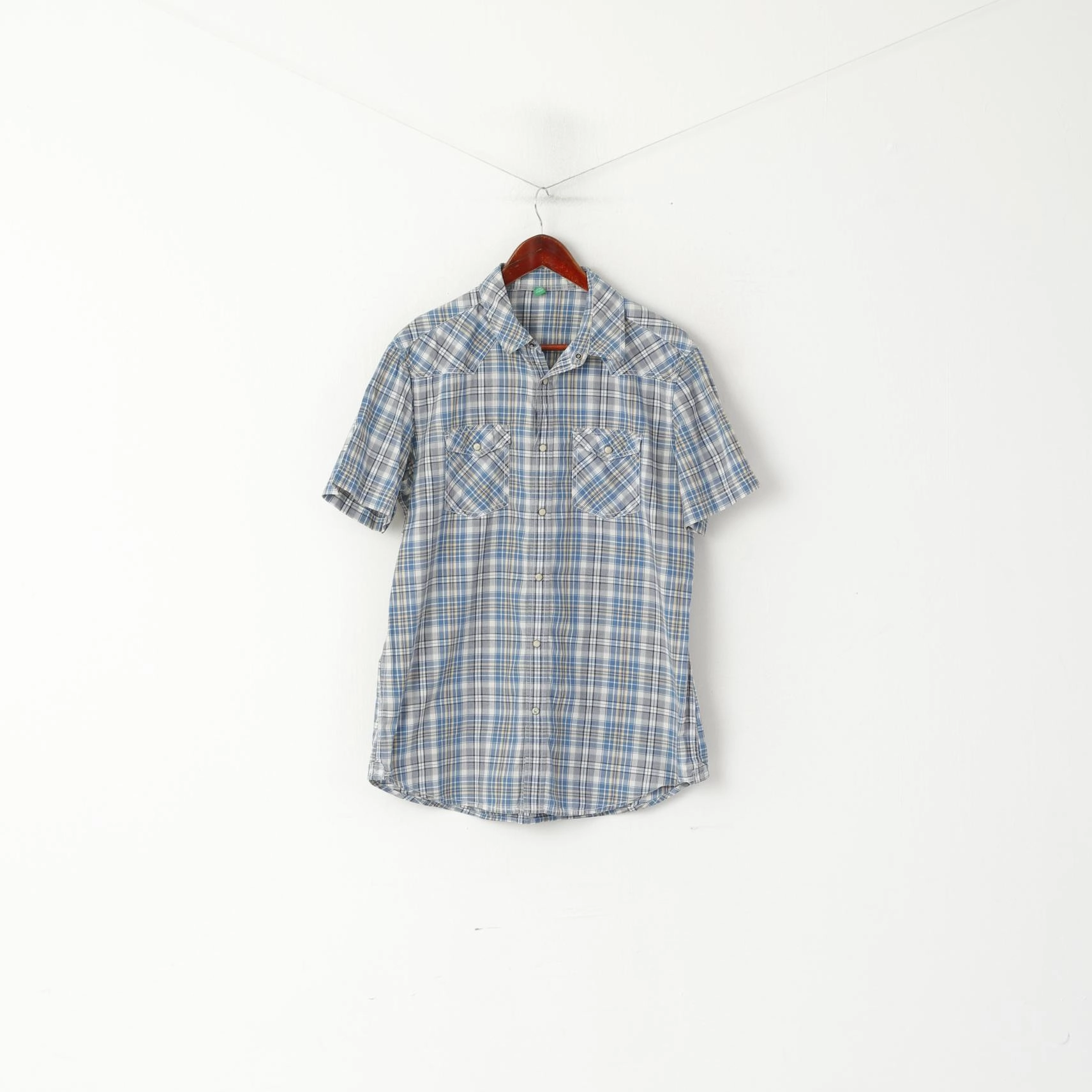 United Colors Of Benetton Men XL (L) Casual Shirt Blue Cotton Checkered Snap Pocket Top Minimalist Style