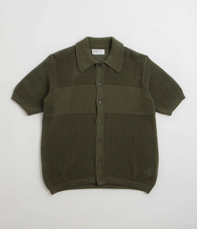 Universal Works Knit Short Sleeve Shirt - Olive Double Stitched Hems