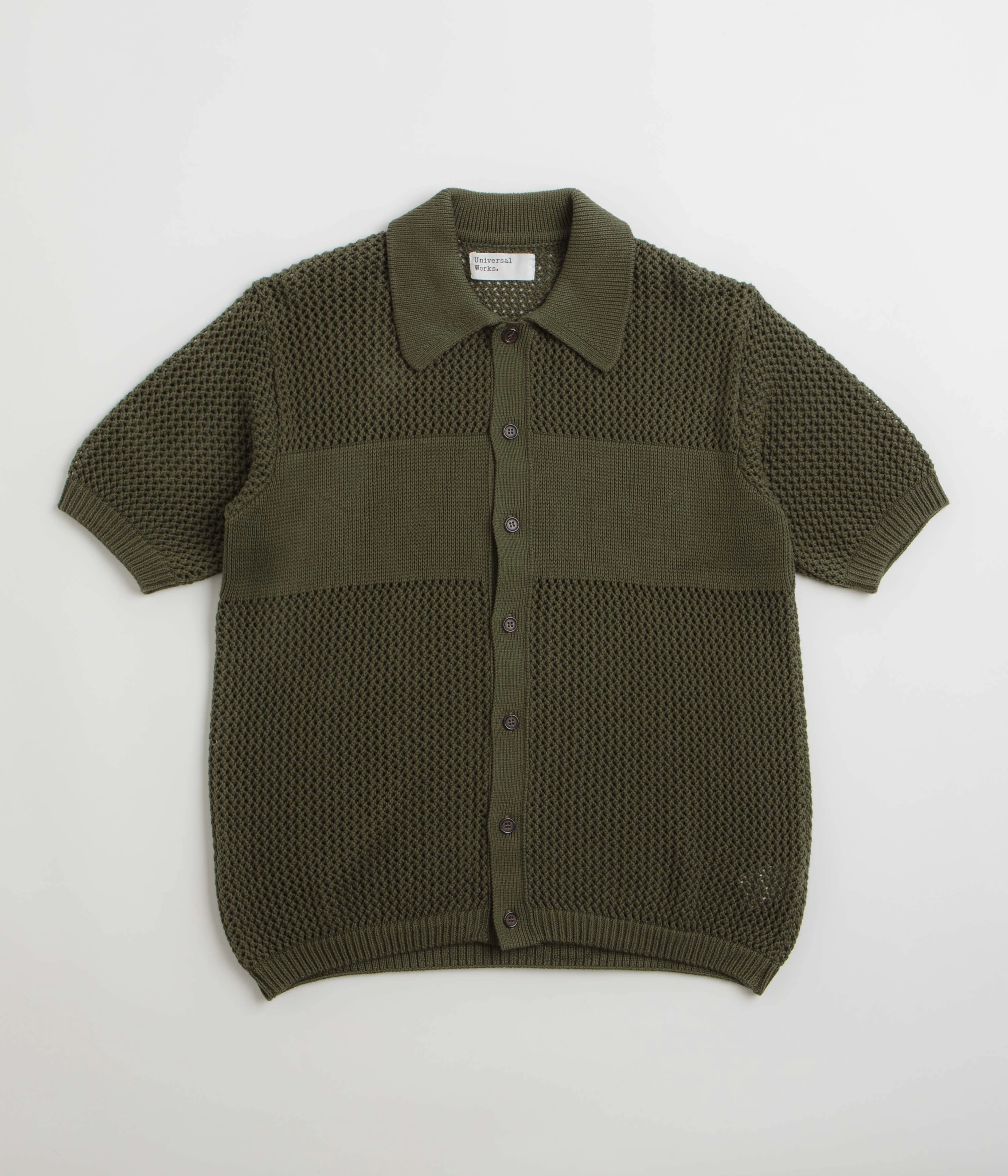 Universal Works Knit Short Sleeve Shirt - Olive Double Stitched Hems