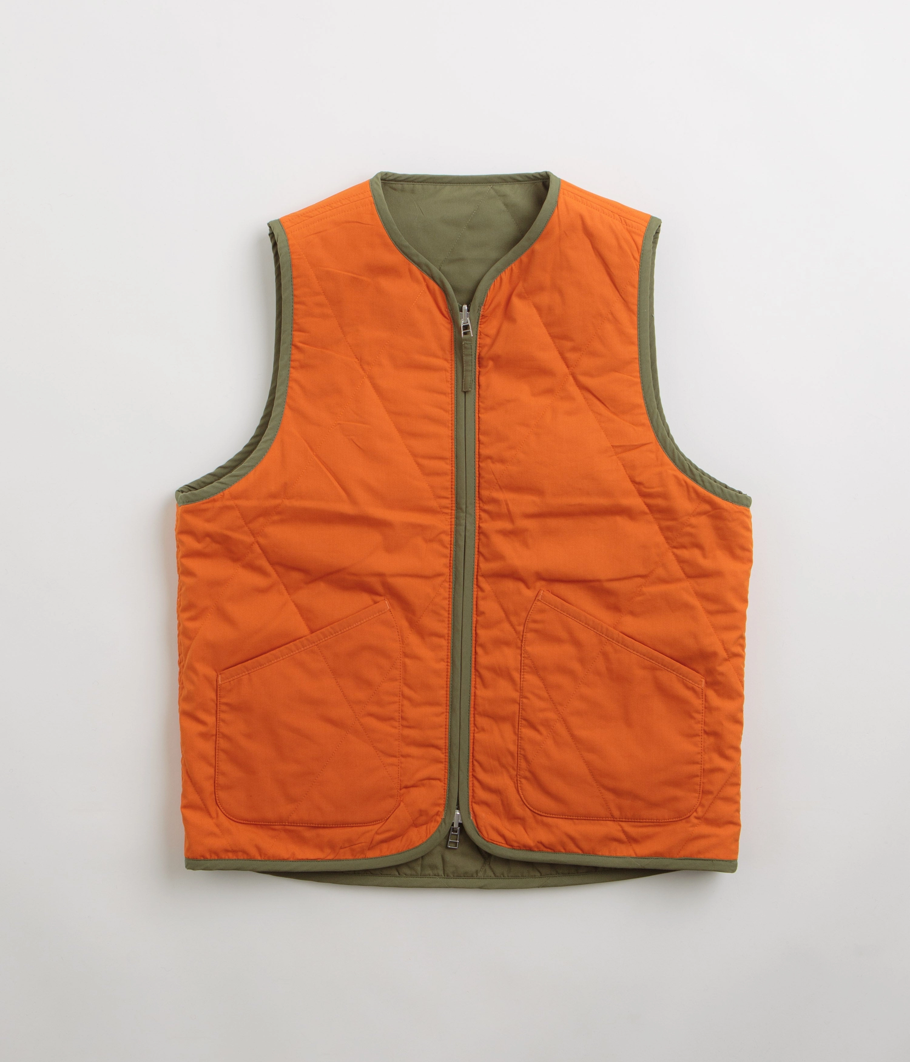 Universal Works Reversible Military Liner Gilet - Olive / Orange Respect Magnetic Closures
