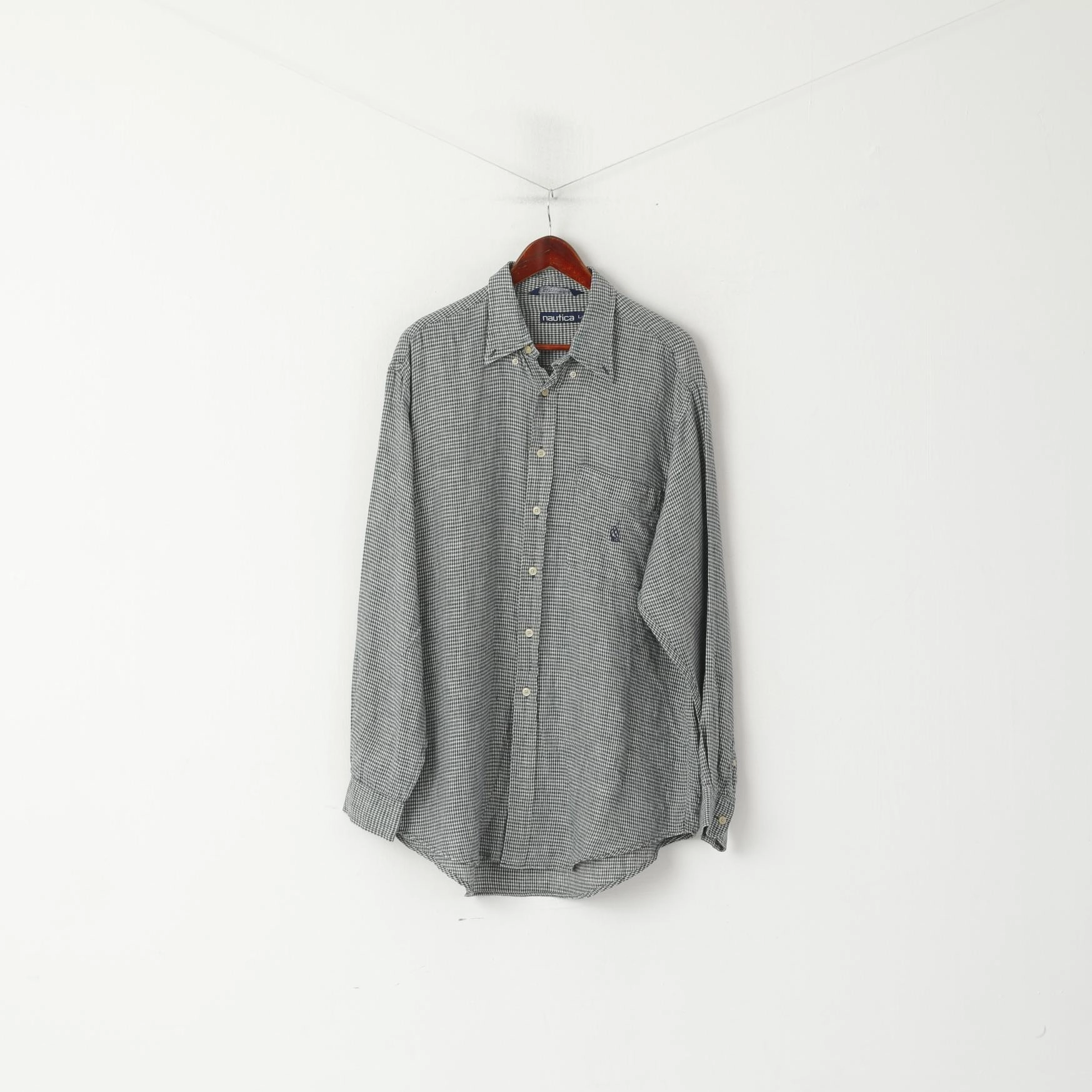 Bold Hue Nautica Men L (XL) Casual Shirt Green Check Vintage Linen Long Sleeve Pocket Top