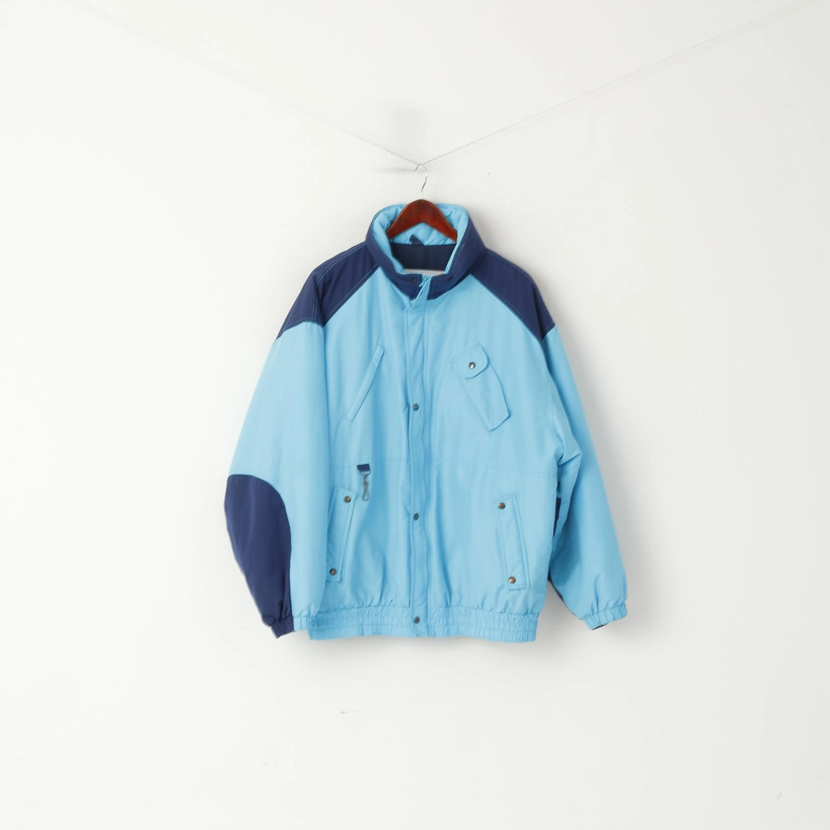 Huski Men 54 L Bomber Jacket Blue Padded Hidden Hood Full Zipper Italy Vintage Top Easy Care Fabric Heavyweight