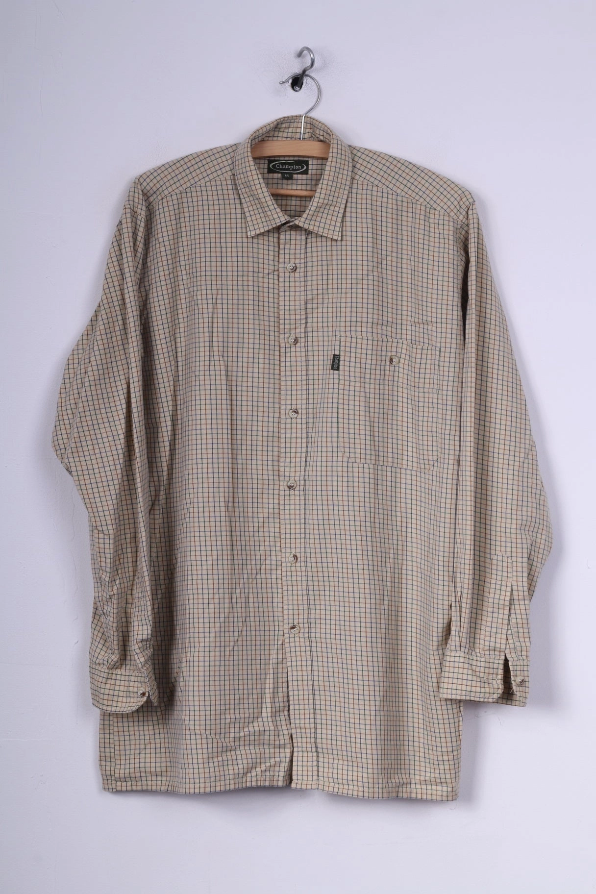 Champion Mens M Casual Shirt Beige Check Long Sleeve Cotton Outdoor Comfortable fit