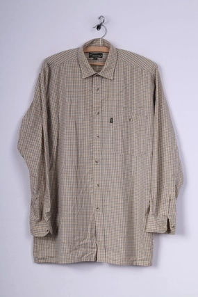 Champion Mens M Casual Shirt Beige Check Long Sleeve Cotton Outdoor Comfortable fit