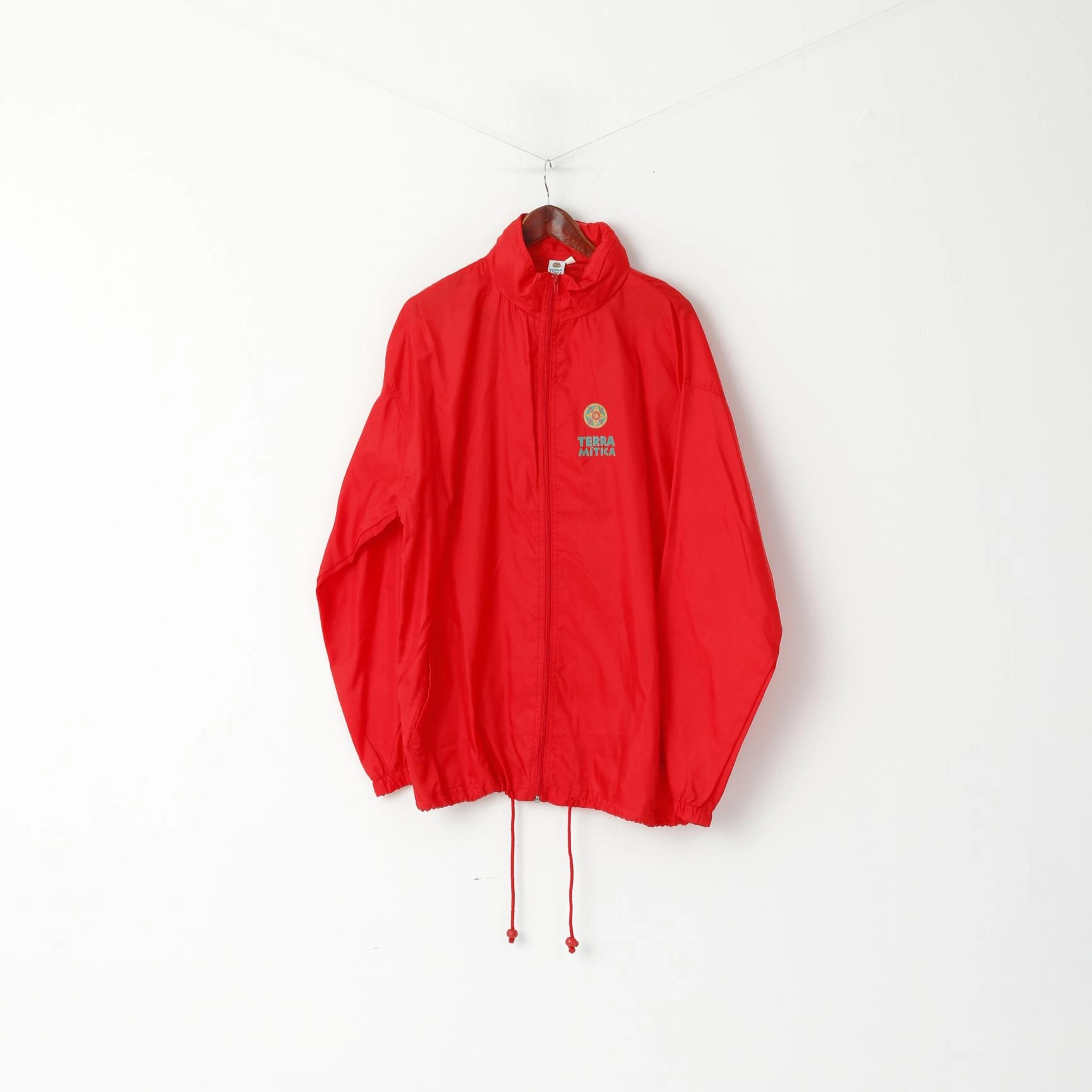 Terra Mitica Men XL Rain Jacket Red Nylon Waterproof Hidden Hood Retro Top student Windproof Outer Layer