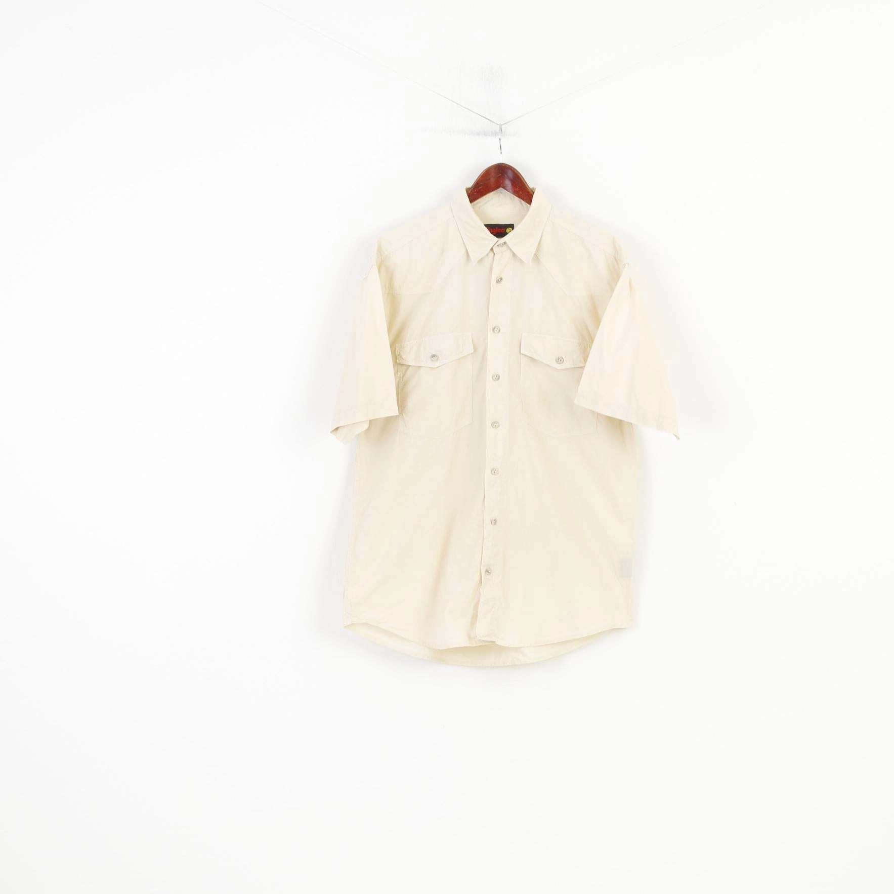 Quick-Dry Dinner Date Jinglers Men L Casual Shirt Beige Cotton Short Sleeve Pockets Bottoms Collar Vintage Top