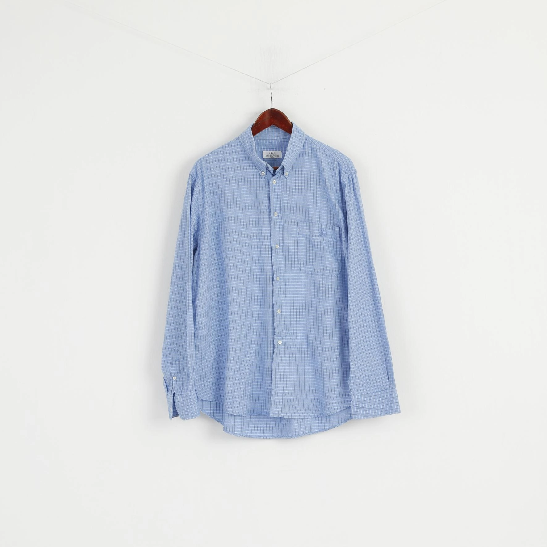 Custom Fit Summer Outfit Valentino Sport Men L Casual Shirt Blue Check Cotton Long Sleeve Italy Top