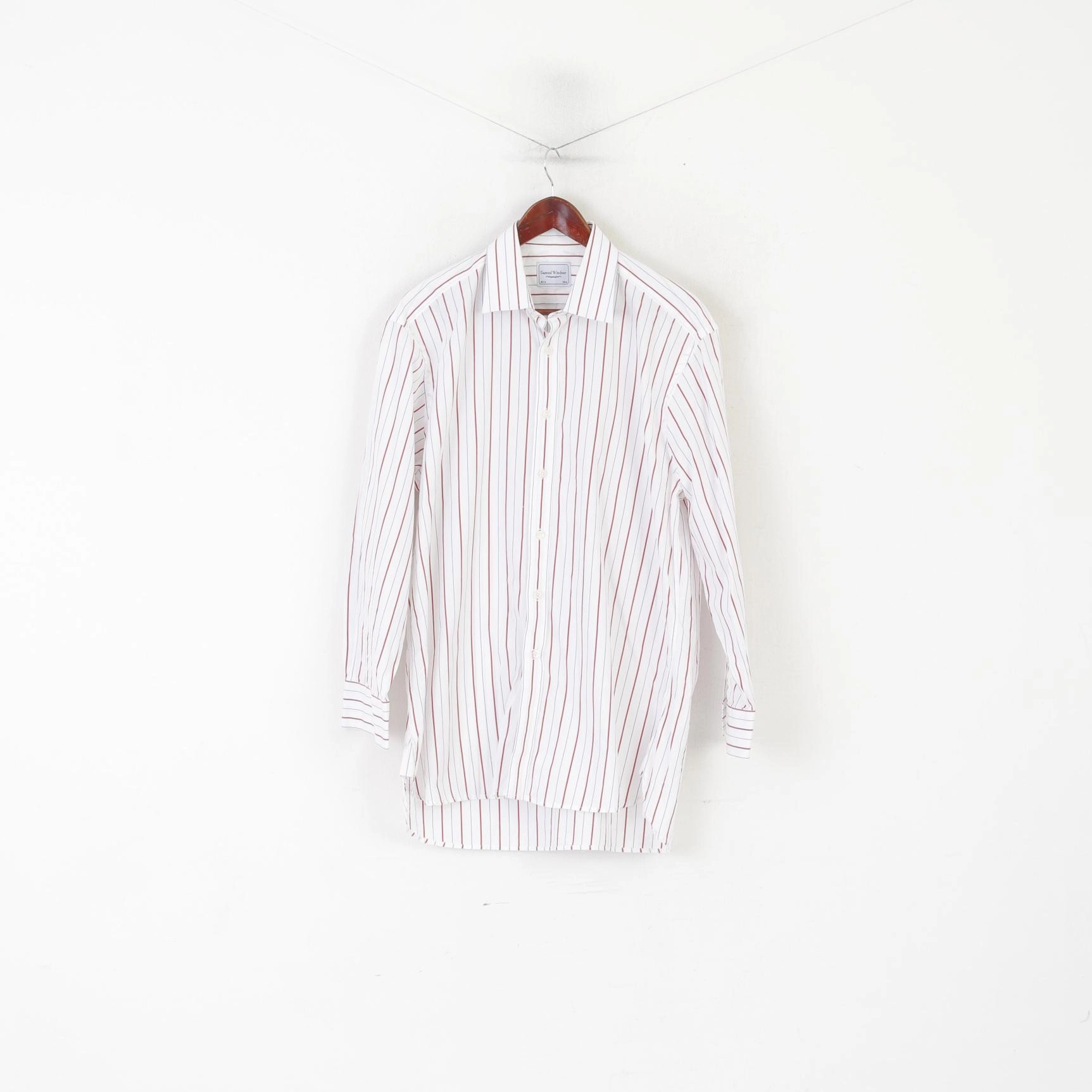 Samuel Windsor Men 16.5 42 XL Casual Shirt White Cotton Striped Long Sleeve Top Flex Fit Collar All Day Comfort Tech