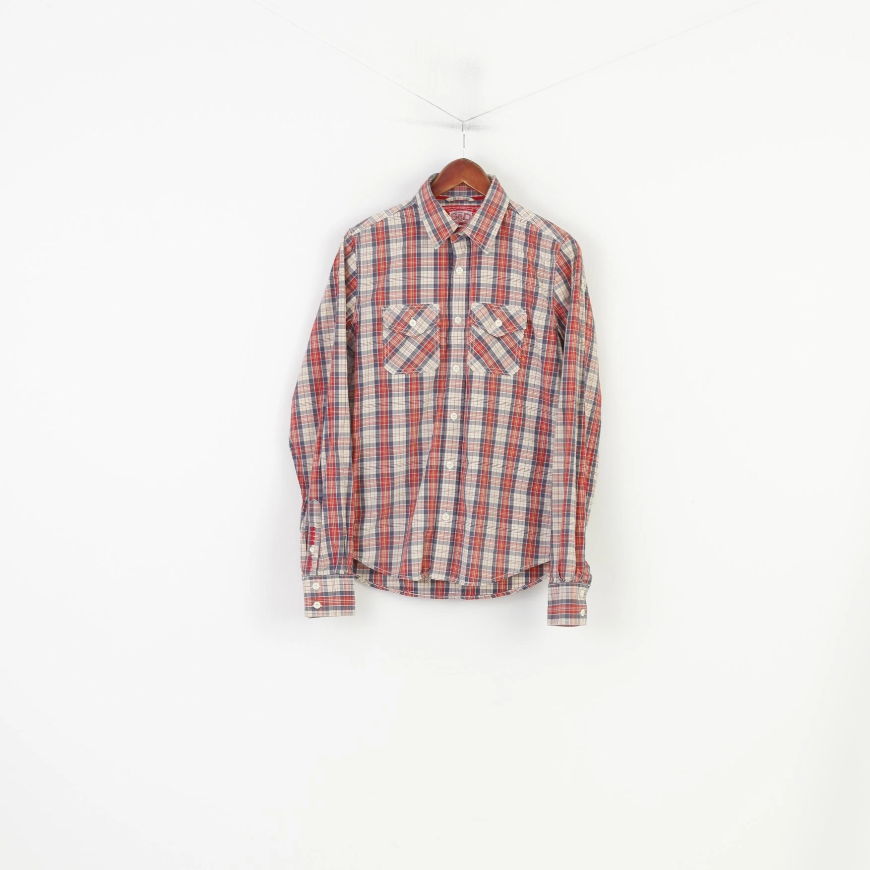 Superdry Men M S Casual Shirt Checkered Red Cotton Vintage Long Sleeve Top Layered Hemline